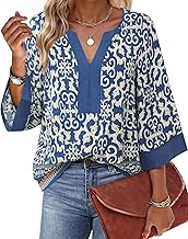 Bebonnie Women Blouses Dressy Casual 3/4 Sleeve V Neck Floral Loose Fit Tunic Tops