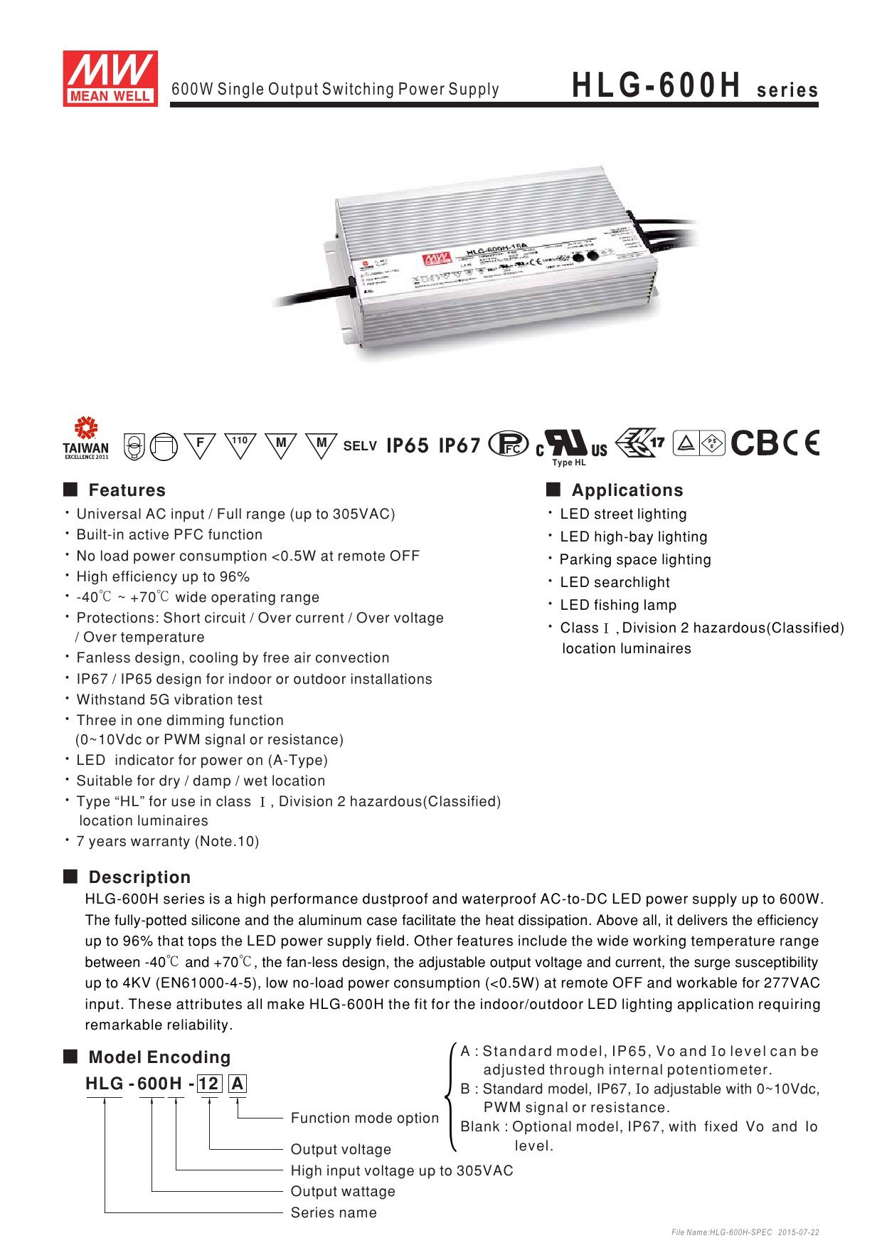 Mean Well HLG-600H 24V 600W Waterproof LED Power Supply - IP67 7-Year Warranty