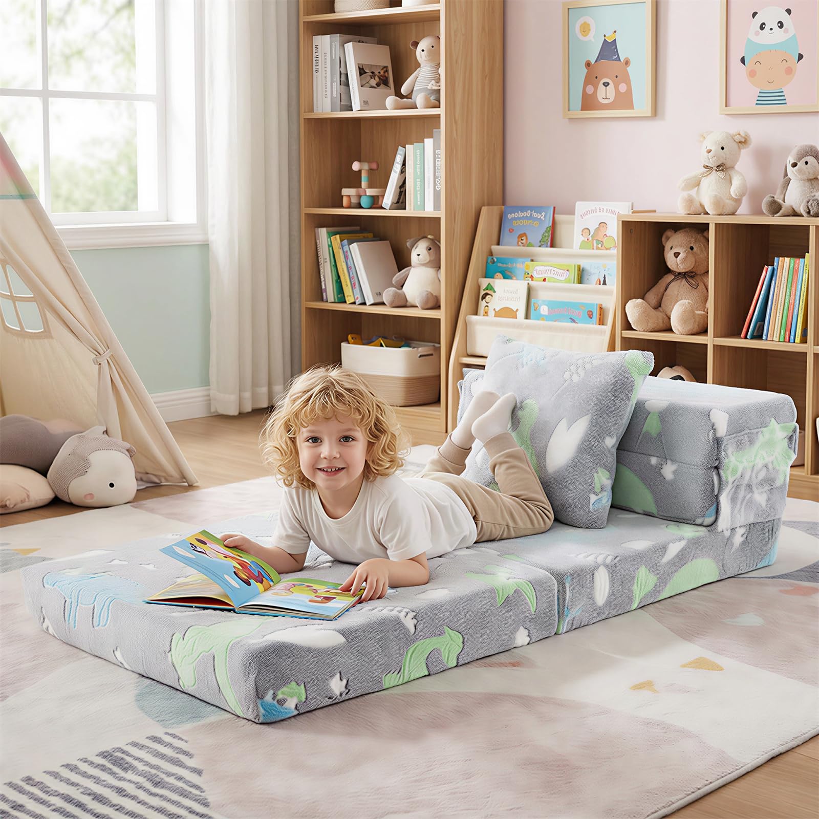 COSTWAY Canapé-lit Enfant Brillant dans Le Noir avec Motif Dinosaure & Oreiller, Matelas de Sol Pliable en Flanelle avec Housse Lavable en Machine, Canapé Modulaire pour Chambre Salle de Jeux (Gris)