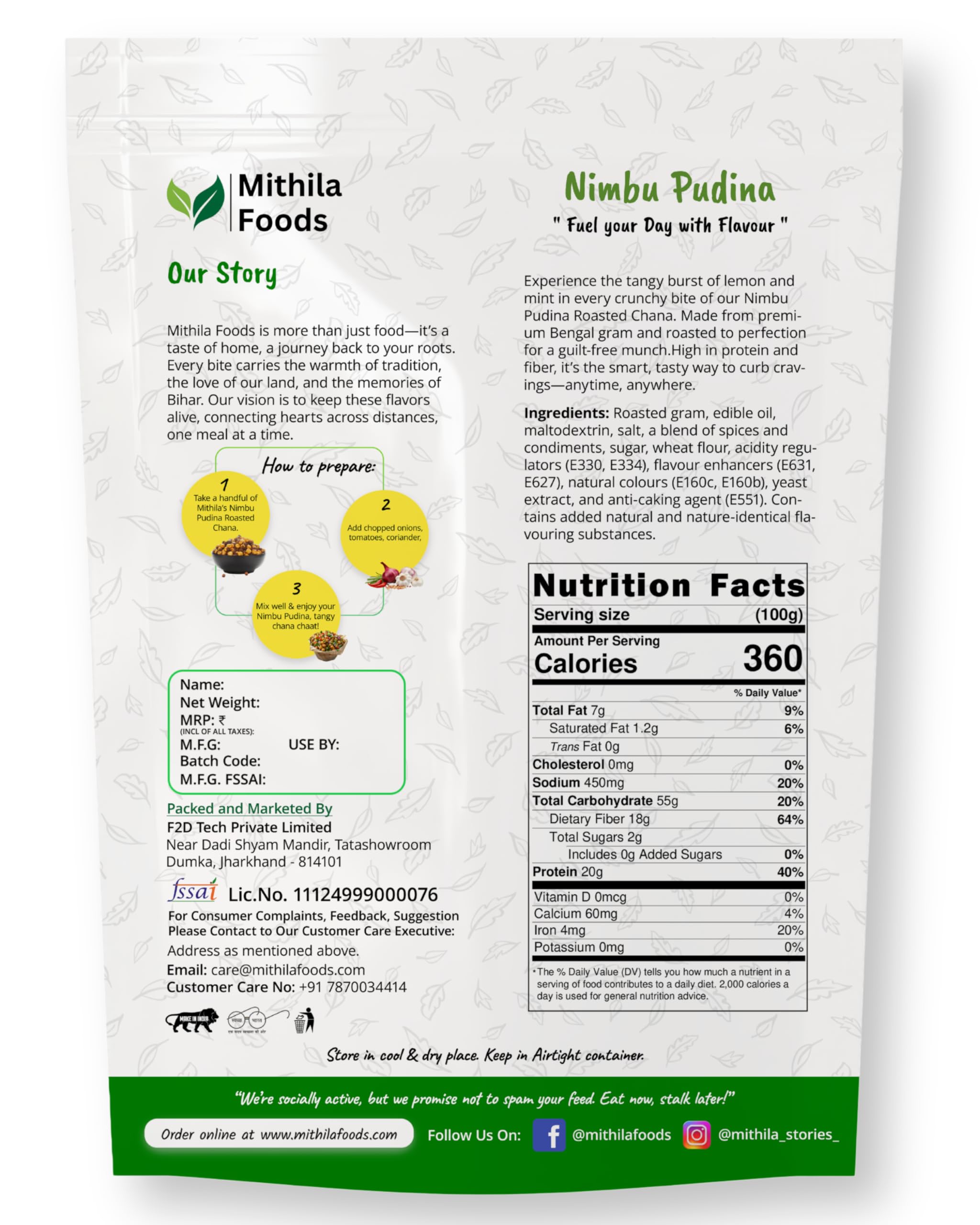 MITHILA FOODS 500g Nimbu Pudina Roasted Chana | Desi Chickpeas | Whole with Skin | Crunchy Vegan Gluten-Free High Protein SMART Snack | Authentic Bihari Bhuna Chana Snacks Tangy Lemon Mint Flavor - Image 2 thumbnail