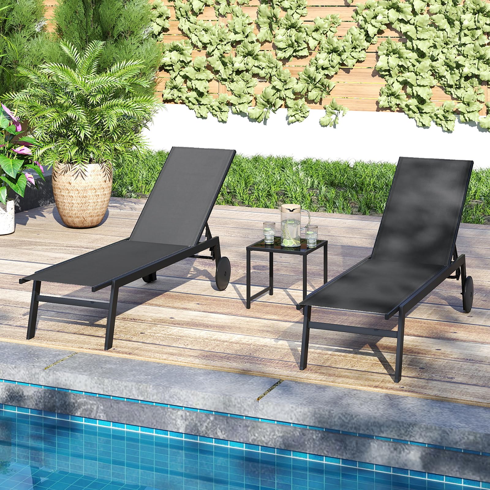 COSTWAY Lettino Prendisole da Giardino con Tavolino, Schienale Rgolabile 5 Livelli, 2 Ruoti, Sdraio da Patio in Tessuto Traspirante, per Piscina Terazza, Portata 150+50 kg (Grigio)