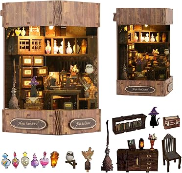 Book Nook Kit - DIY Enchanted Cottage Miniature House for Adults & Teens, 3D Wooden Puzzle Booknook with LED Lights, Bookshelf Insert Decor & Creative Model BuildingMagic Bookstore