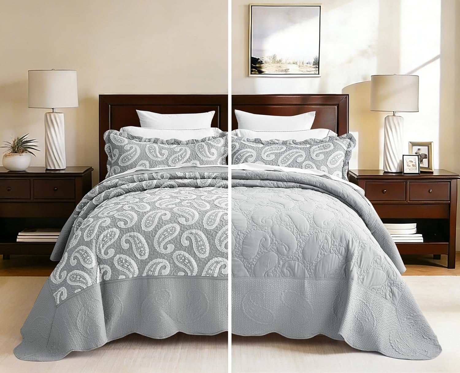 Oversized King Bedspread 128x120 Extra Wide, Tufted Jacquard Paisley Pattern, Gorgeous & Elegant Look, Lightweight Bedding Cover, 3 Piece Set, 100% Microfiber, Grey