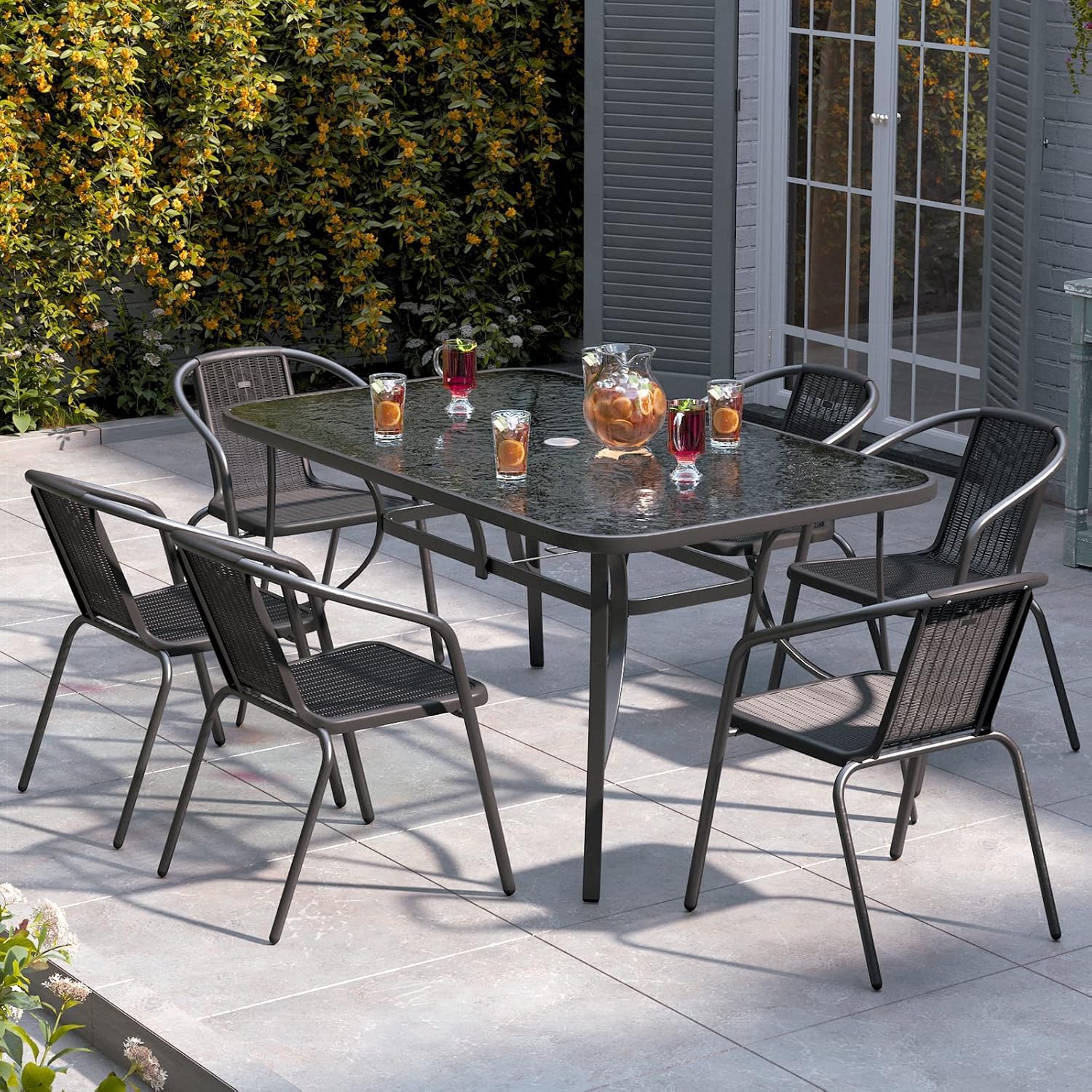 DKIEI 7pcs Rattan Garden Furniture Dining Set, 150 * 90cm Rectangular Black Glass Table and 6 Garden Wicker Rattan Chair, with Umbrella Hole, Outdoor Furniture Set for Patio Balcony Bistro Backyard