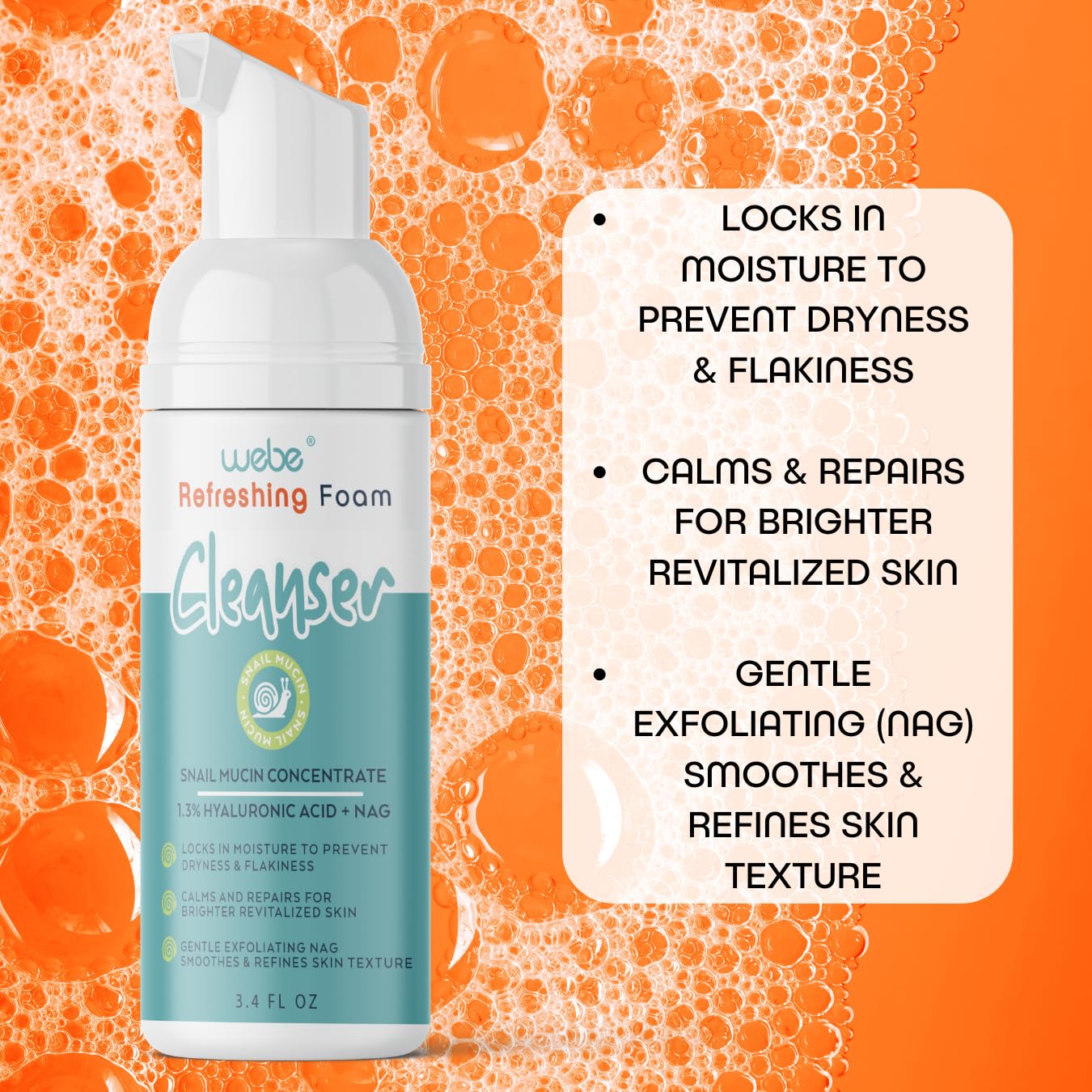 WEBE Refreshing Gentle Foam Cleanser | Snail Mucin, Hyaluronic Acid, N-Acetyl Glucosamine | Hydrating & Soothing Formula for Radiant, Moisturized Skin | Natural Skincare for all Skin Types - Image 4