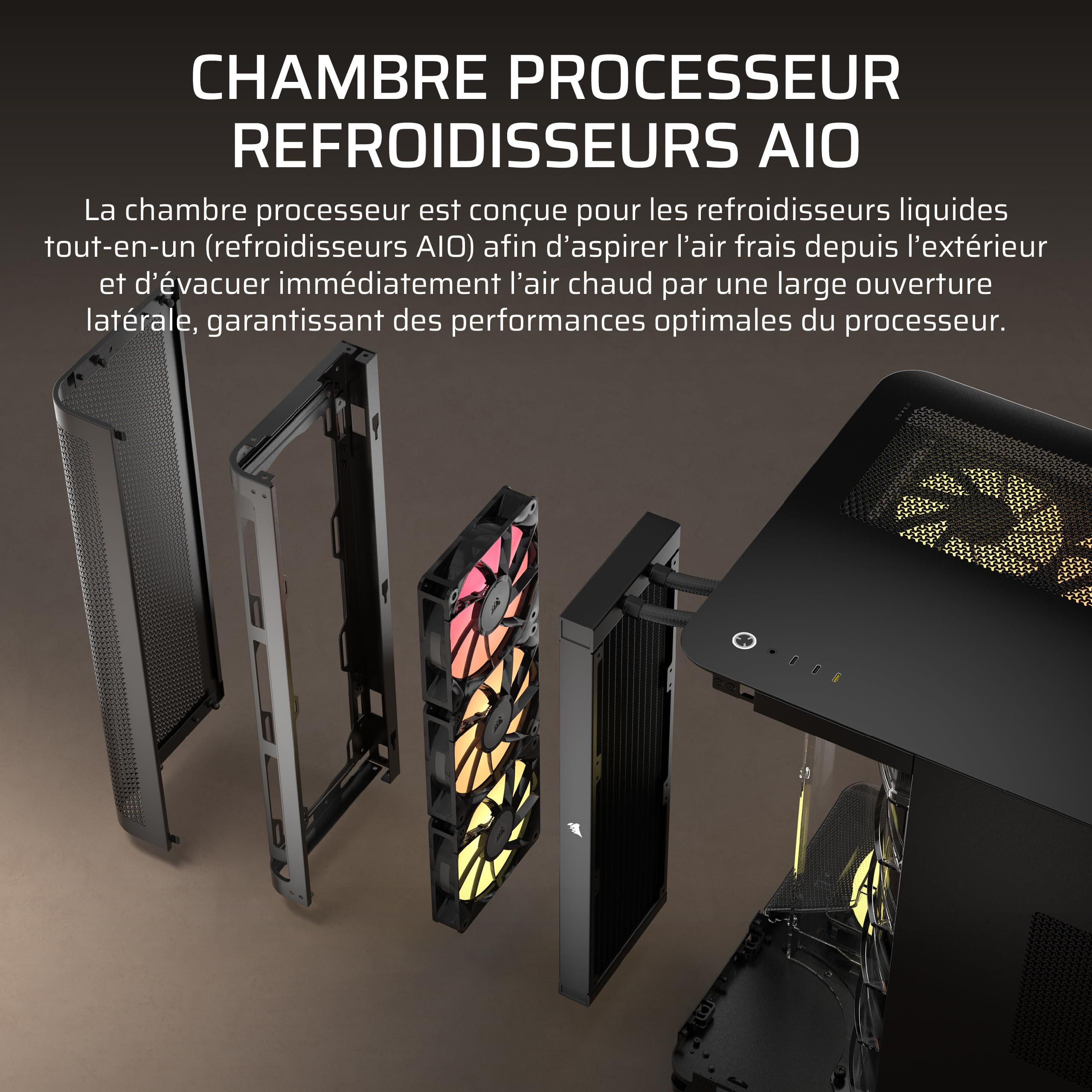 CORSAIR AIR 5400 RS-R ARGB Boîtier PC Triple Chambre Moyen-Tour – Noir | 3x Ventilateurs RS-R ARGB Inclus, Panoramique, Chambre Isolée pour AIO 360mm, Compatible Mères À Connexion Inversée
