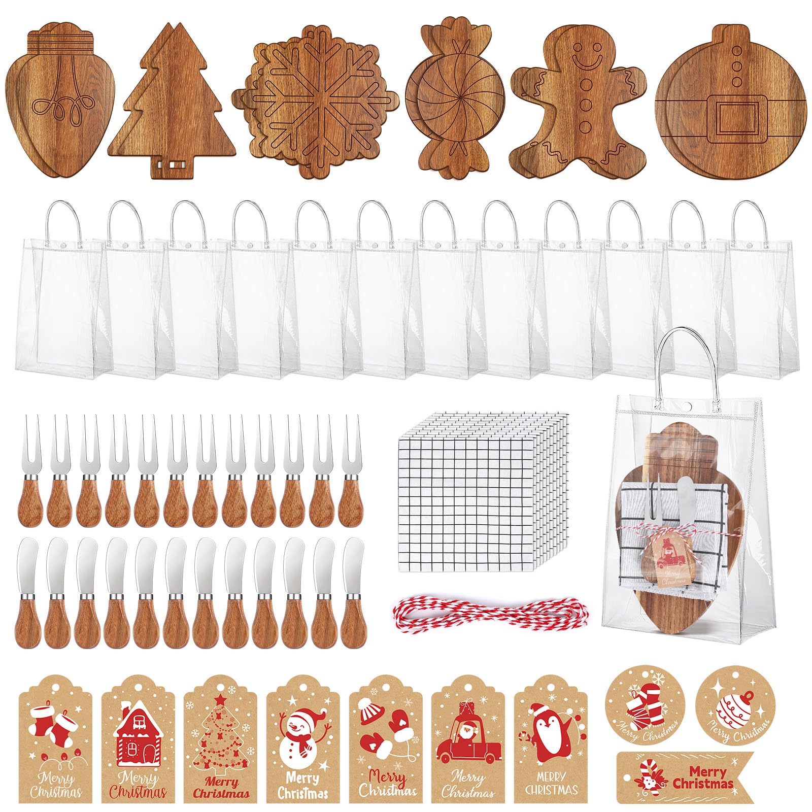 18-teiliges Set Weihnachtsgeschenke Brautdusche Gastgeschenk Weihnachten Süßigkeiten Schneeflocke Akazie Holz Schneidebrett Geschenkset Käsemesser Mini Käsebrett Weihnachtsanhänger für Winter Home