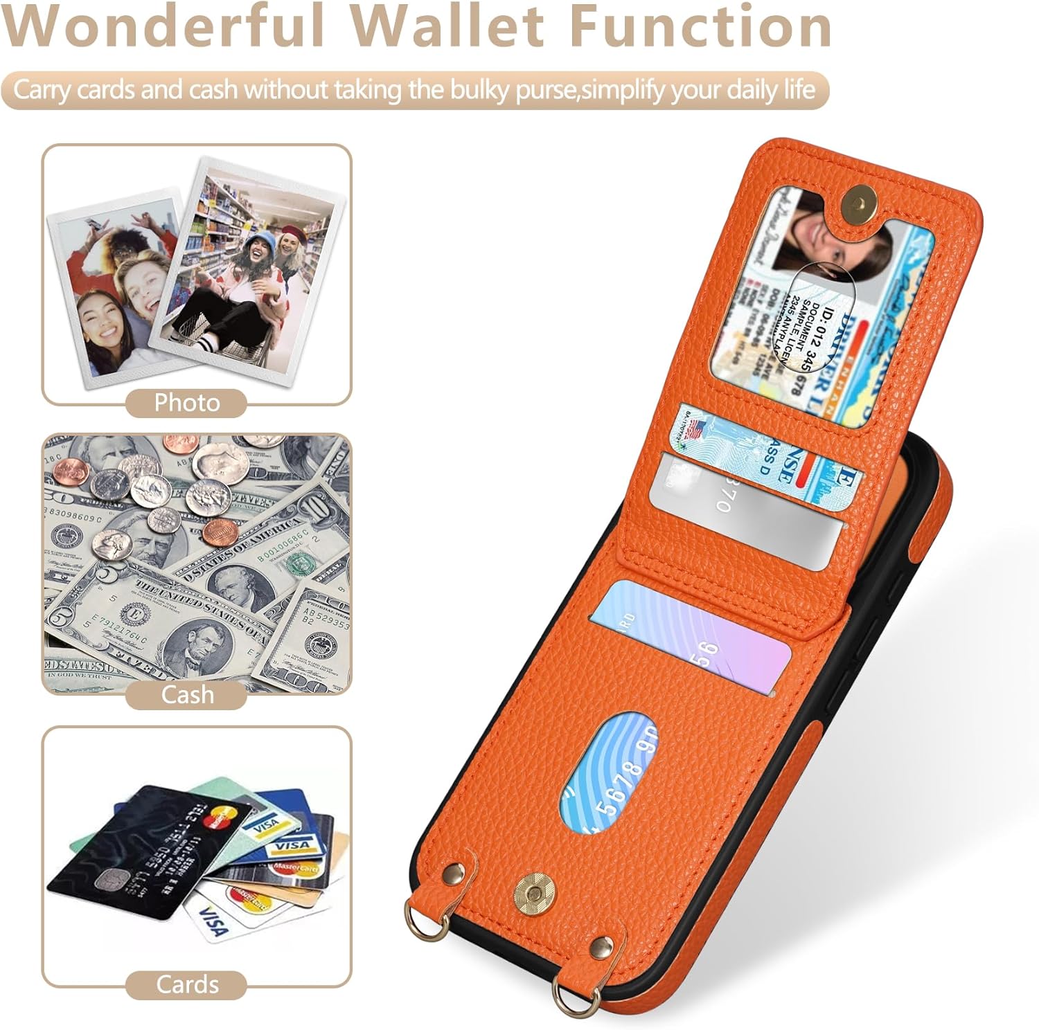Keallce Case for iPhone 17 Pro 6.3 inch, Crossbody Wallet Case Purse with RFID Blocking 3 Card Holders, Flip Folio Leather Cover with Lanyard Wristlet Strap Women Lady for iPhone 17 Pro, Orange