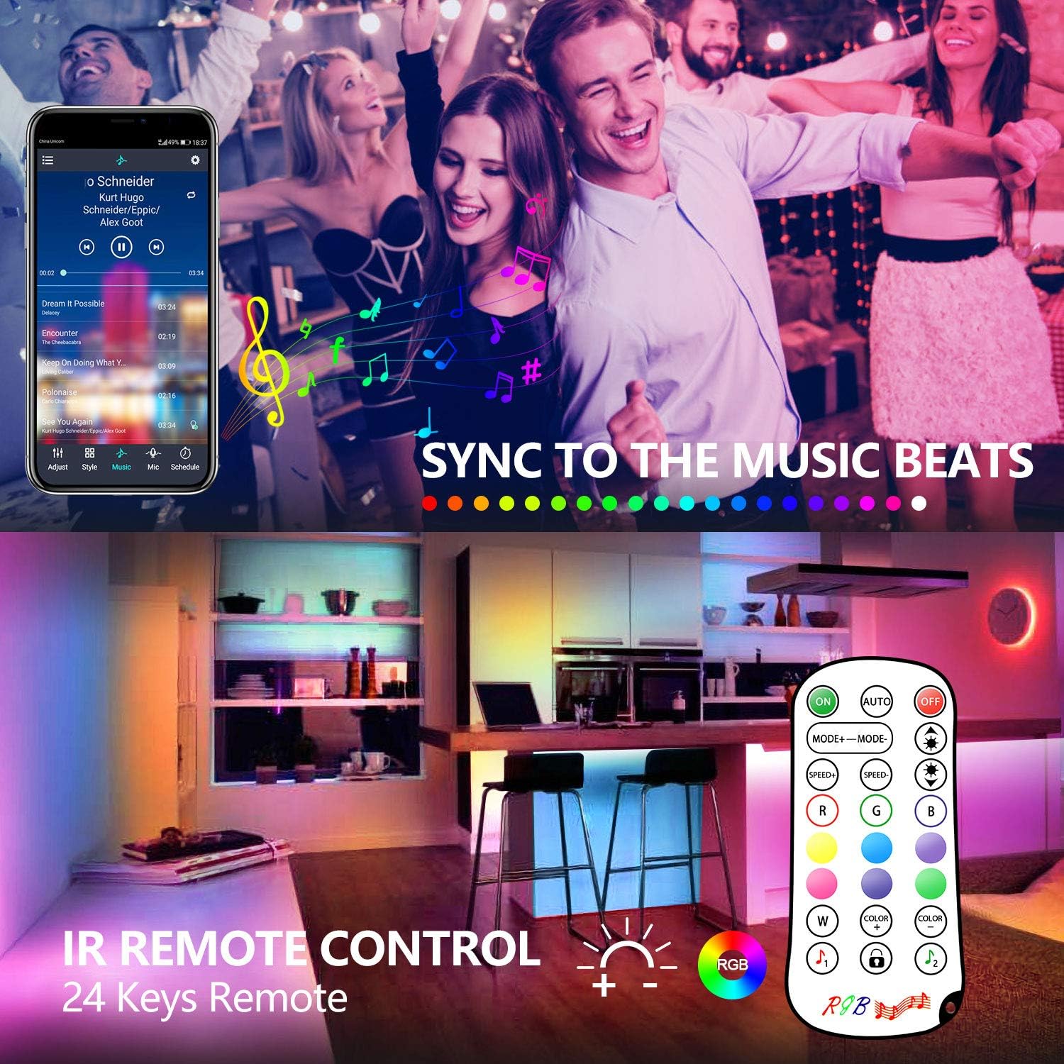 Nexillumi 65.6ft LED Strip Lights with 24-Key Remote RGB Color Changing SMD 5050 LED Lights for Bedroom, Dorm Rooms, Kitchen, Home Decoration(65.6Ft APP+ Remote+ Mic Control)