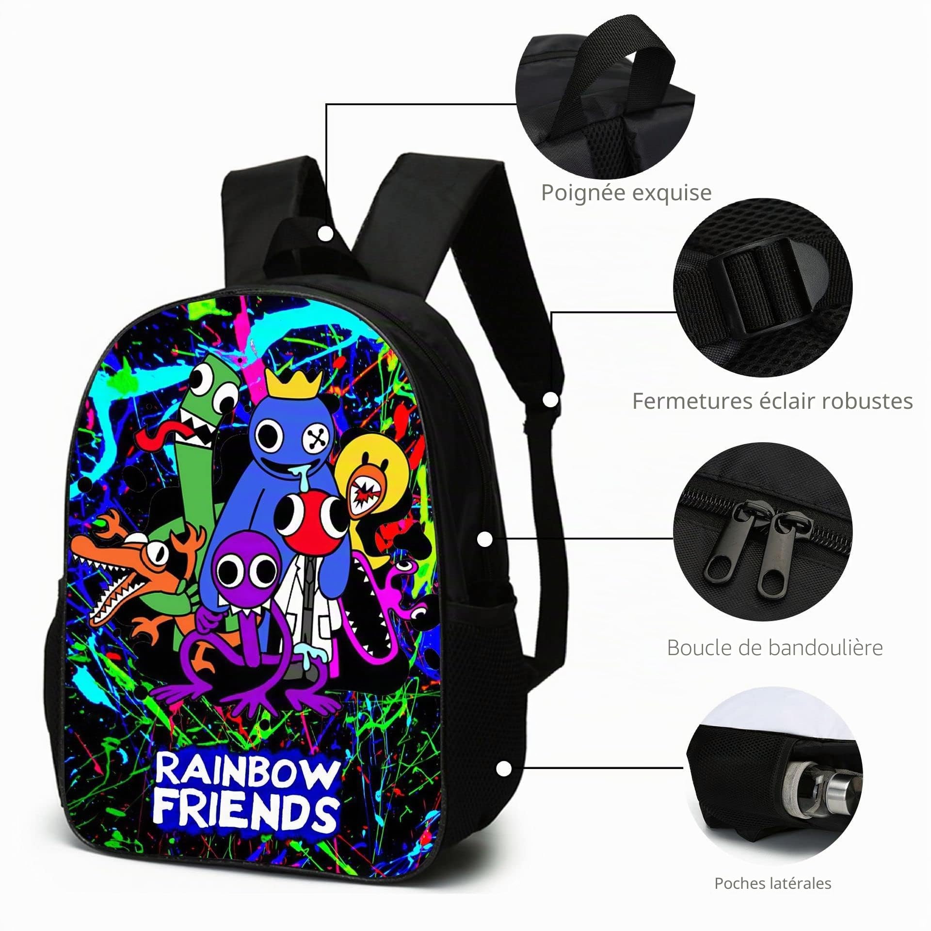 Lot de 3 sacs à dos arc-en-ciel avec porte-clés, 40,6 cm imprimé en 3D, sac à déjeuner haute capacité, cartable pour garçon et fille.
