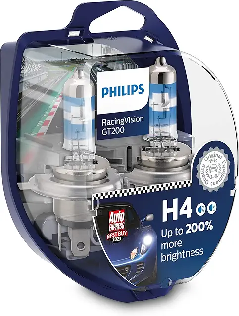 Philips RacingVision GT200 H4 Bombilla Faros Delanteros +200% Luminosidad, Set de 2