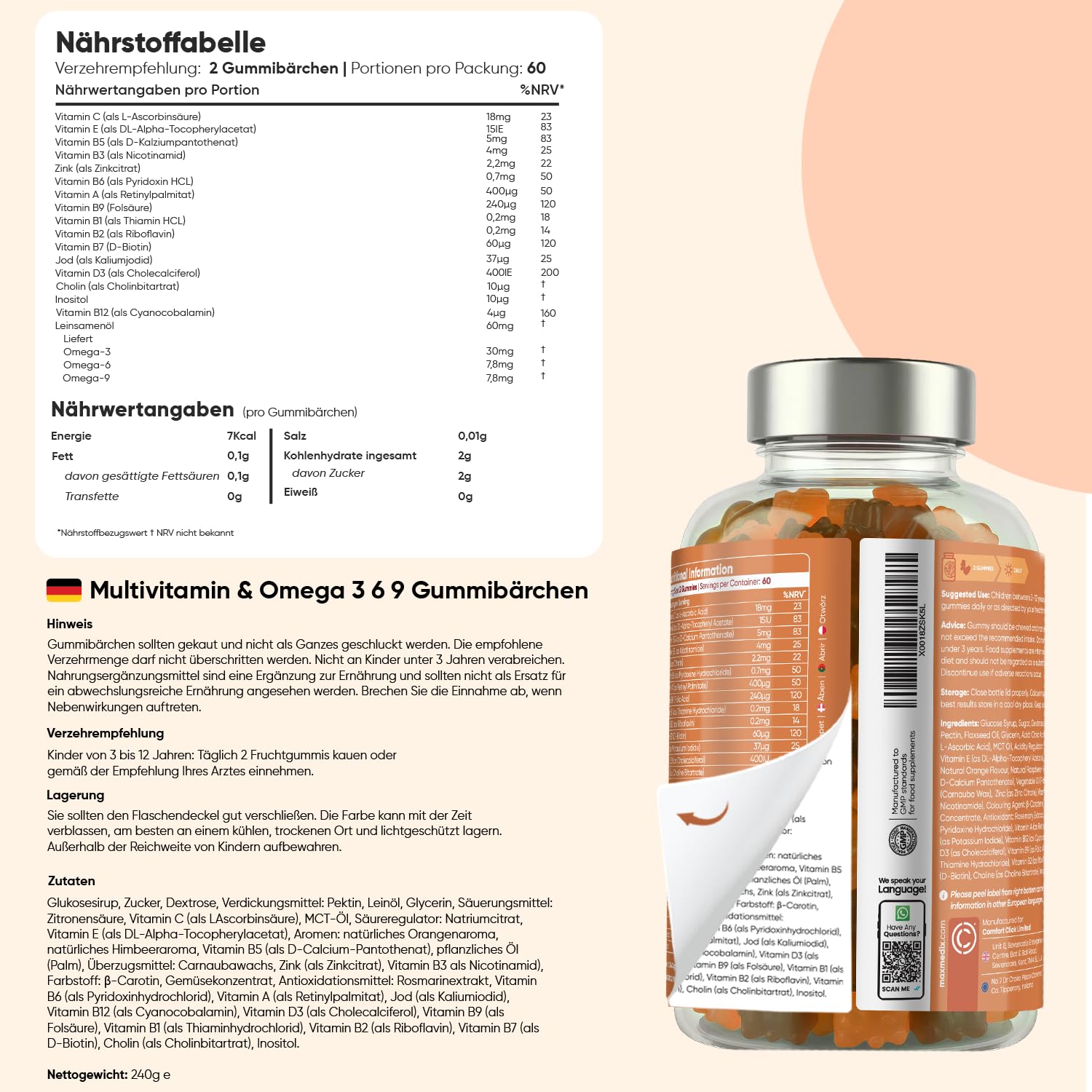 Kinder Gummibärchen Set - Multivitamin mit Omega-3-6-9 + Eisen & Vitamin C + Kalzium & Vitamin D3 - Für Kinder von 3 bis 12 Jahren - Fruchtgeschmack - Nahrungsergänzungsmittel von maxmedix