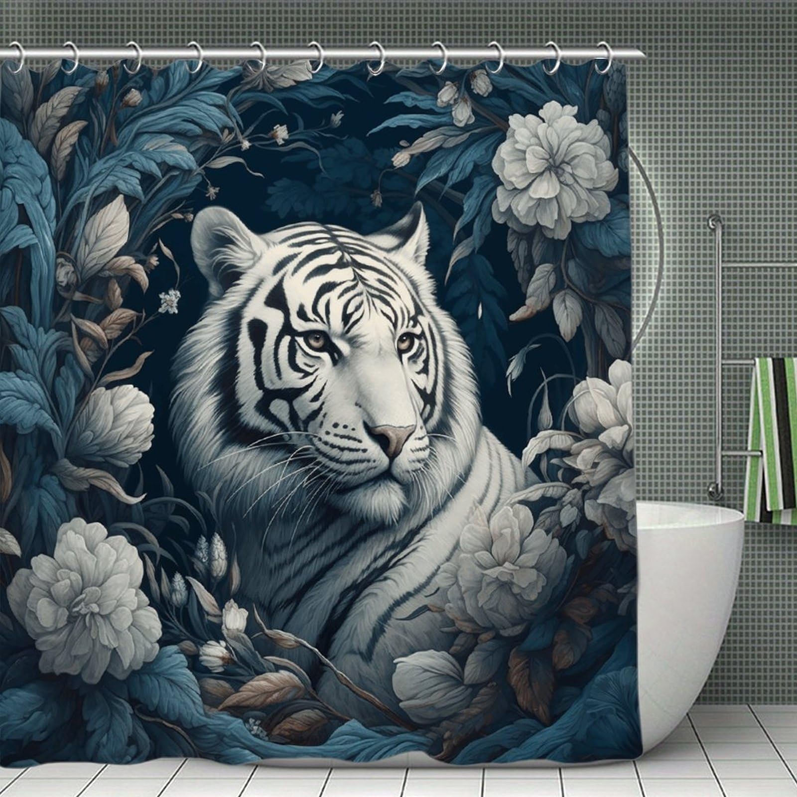 FekiLoot Tiger and Flowers Shower Curtain Minimalist Aesthetic Bath Curtain with Hooks Simple Water Resistant Bathroom Shower Curtains Cute Blackout Privacy Curtains Cloth Curtain