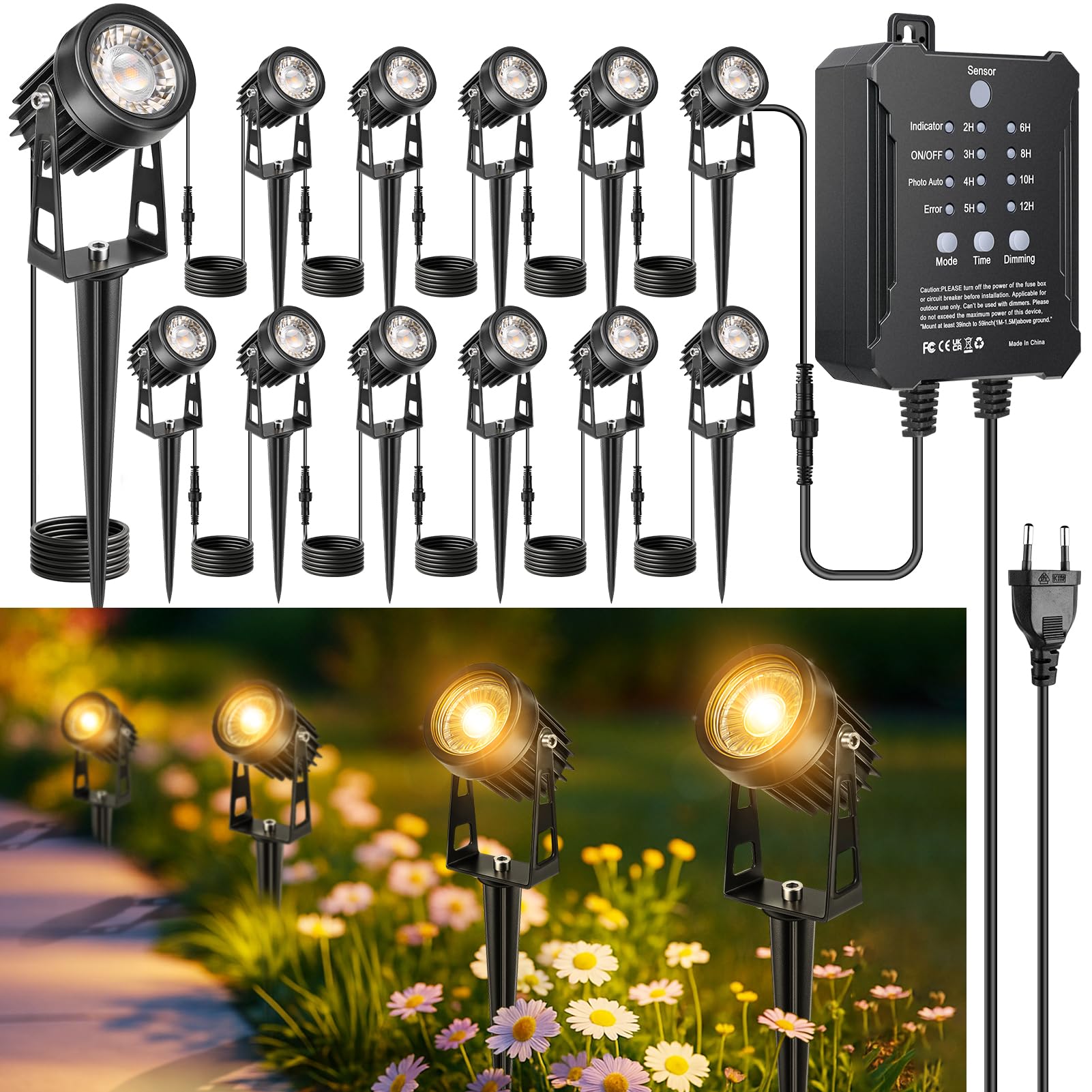 LightingWill Zewnętrzne oświetlenie ogrodowe LED z palikiem, 12 sztuk, wysuwane, 24 V z czujnikiem zmierzchu i timerem, ciepła biel 3000 K, IP65, do ogrodu i podjazdów