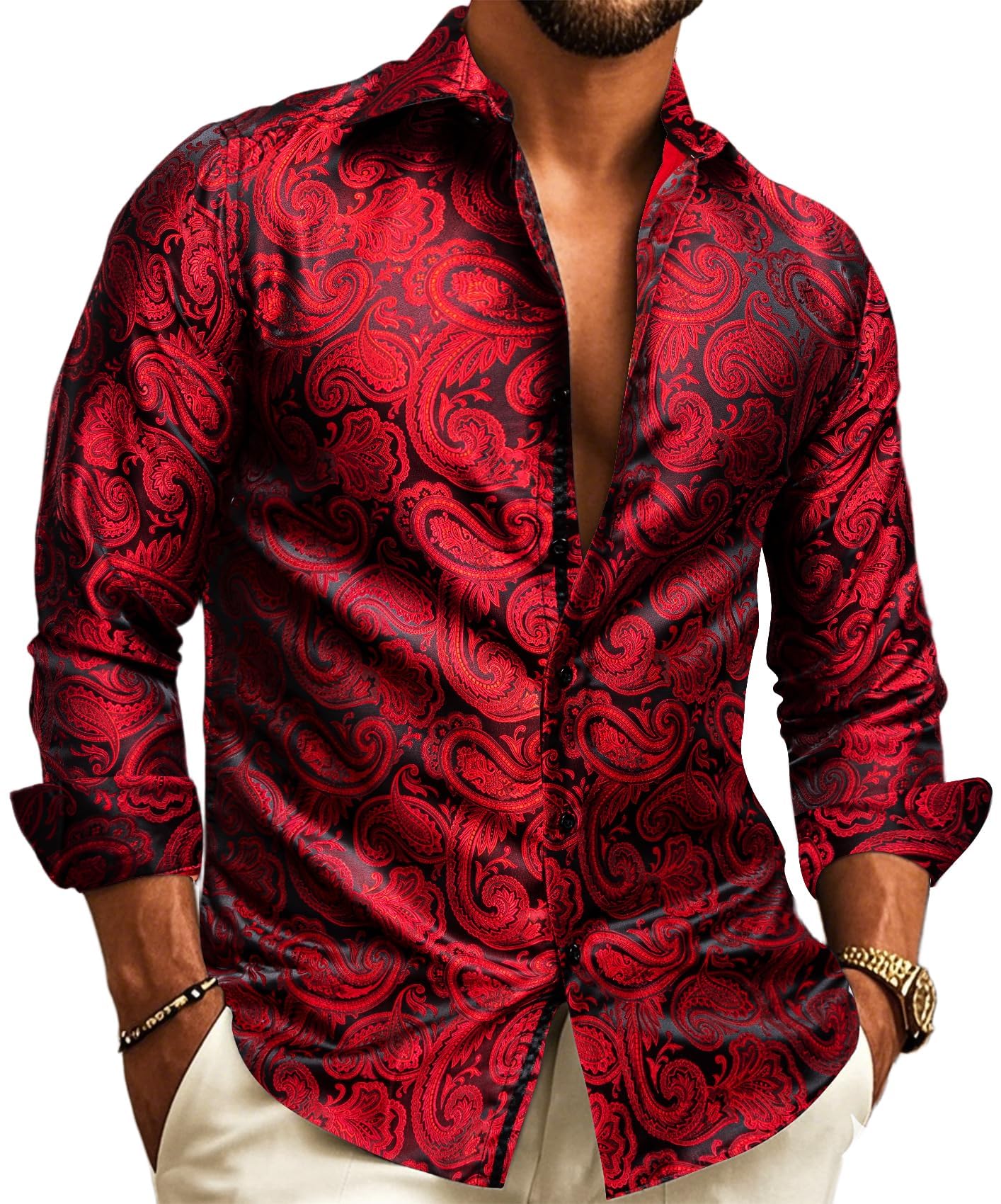 YOHOWA Camisa de seda para hombre, con botones, de cachemira, para vestir, formal, casual, trabajo, ajuste relajado, manga larga