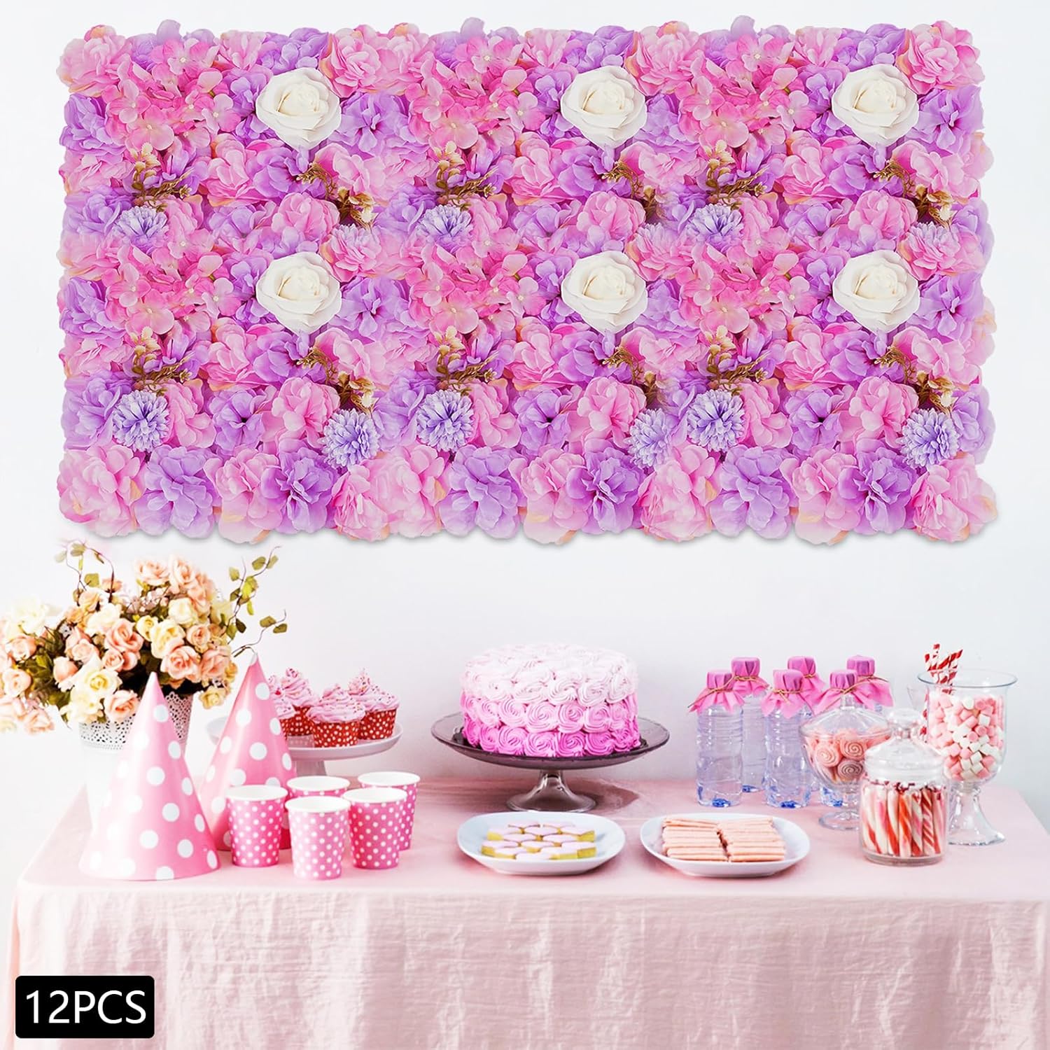 12Pcs Artificial Flower Wall Panel 3D Flower Wall Backdrop Silk Rose Floral Decorative Faux Flower Wall Background for Wedding Home Decoration (Pink, Purple,15 * 15in)