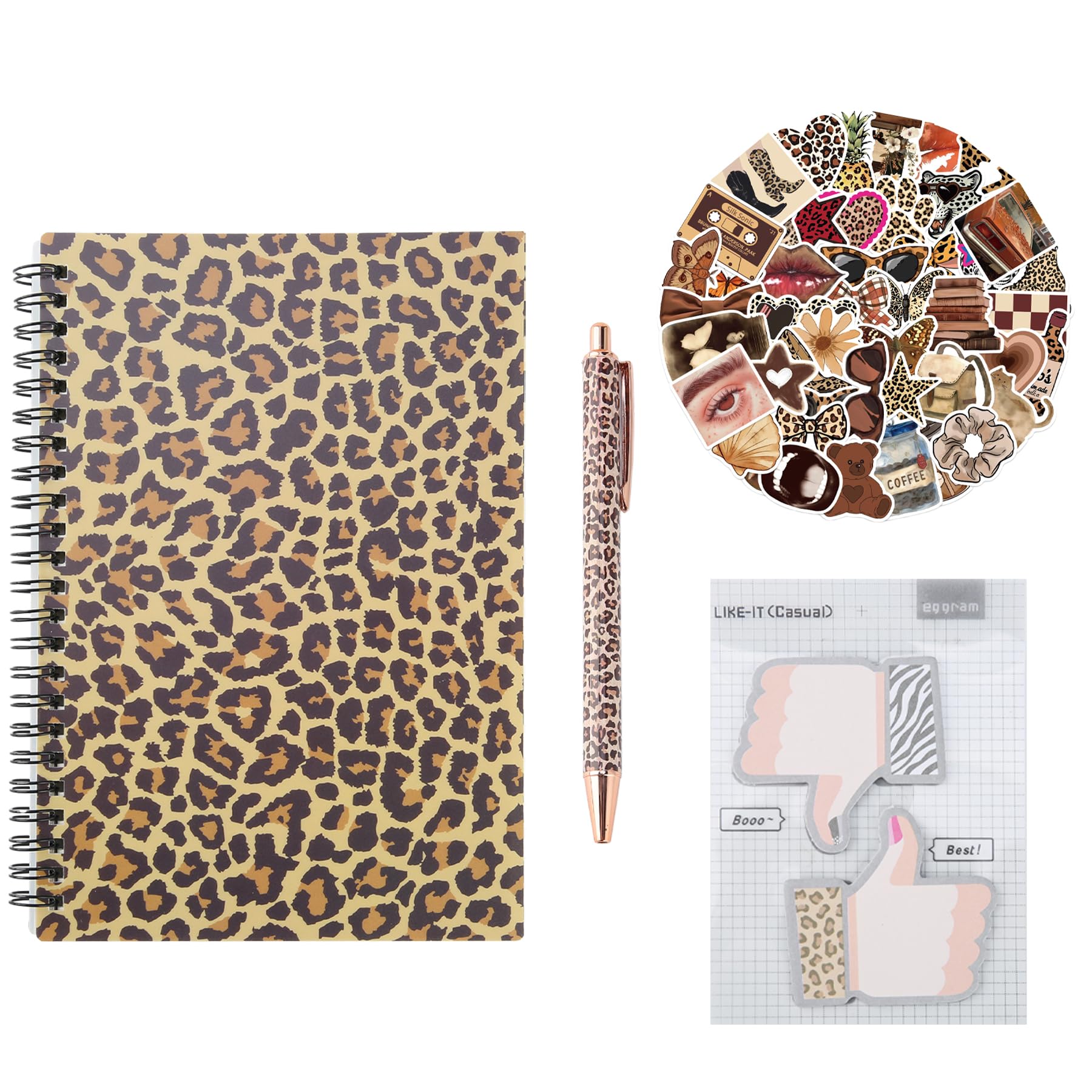 Wasise Leopard Print Stationery - Leopard Print Notebook, Leopards Pen, Leopards Prints Stickers, Cheetah Prints Wirebound Notebook, with Pen,Notebook,Stickers,Sticky Notes for Women Teachers Students