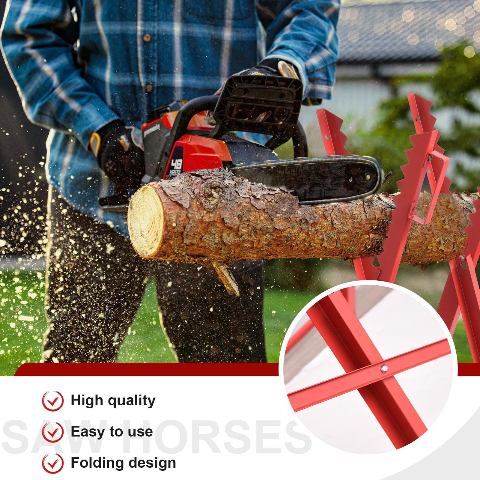 Generisch Chevalet de sciage pliable réglable en hauteur 80 x 80 cm – Pour troncs jusqu'à 40 cm de diamètre | Tréteau de travail stable avec support dents pour bois de chauffage, atelier et jardin |