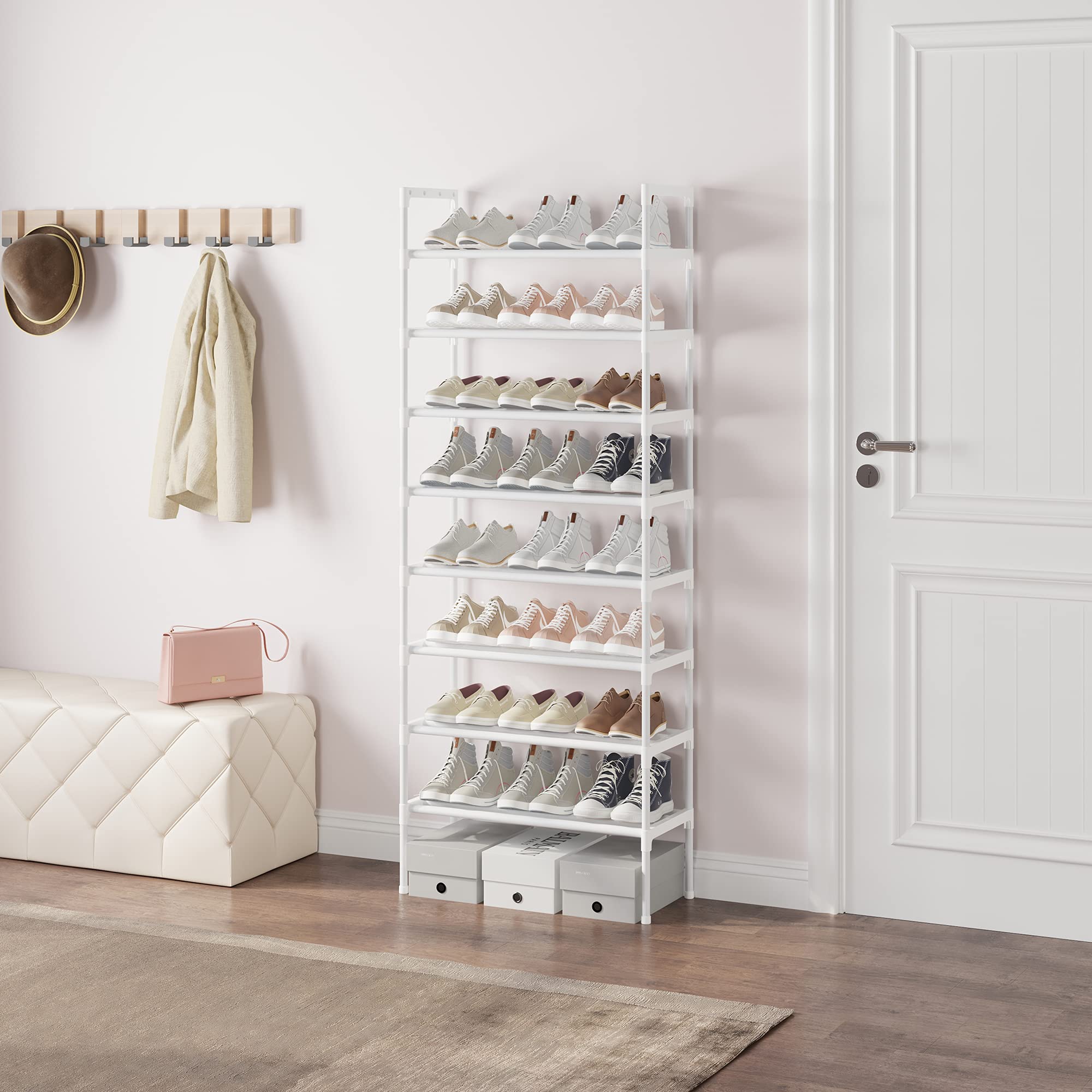 S-526 Zapatero de 8 Niveles con Diseño Extra Grueso, Organizador de Zapatos para 24 Pares, 56 x 30 x 140 cm para Pasillo, Dormitorio (Blanco)