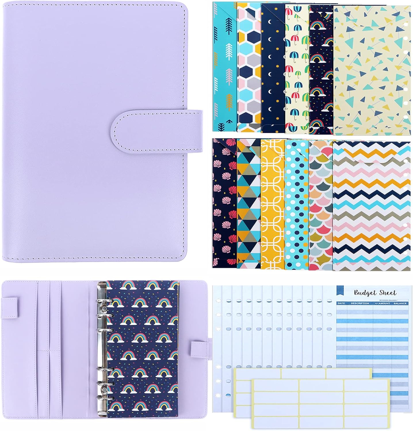 Xgood 28 Pieces PU Leather Budget Planner Organizer Binder Cash Envelope System for Budgeting Envelopes 12 Patterns Budget Money Envelopes, 12 Expense Budget Sheets with 24 Labels for Bill Planner