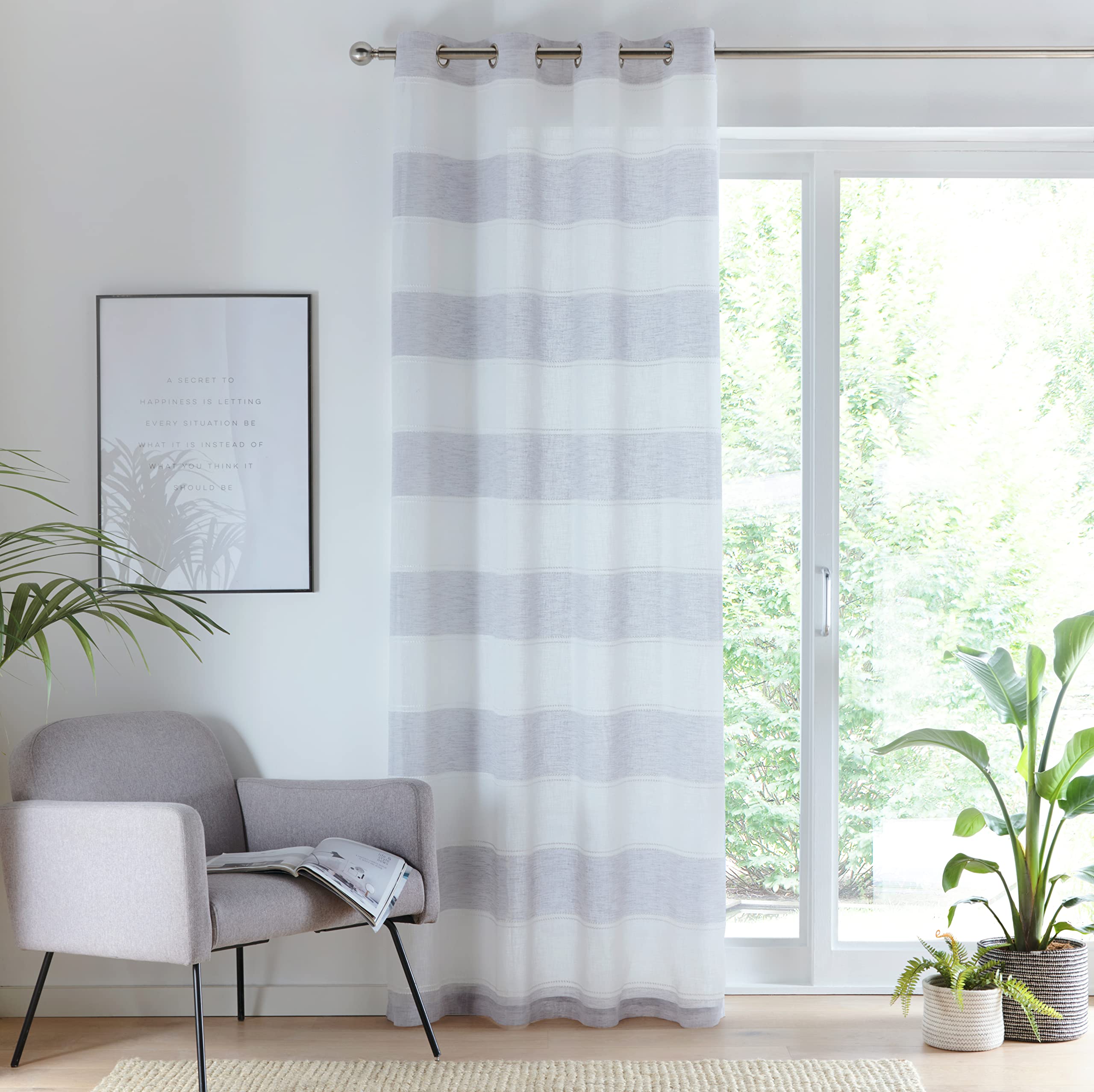 Tyrone Textiles Grey Ltd Santorini Voile Panel - Linen Look Panel With Horizontal Coloured Stripes With An Eyelet Header (, Drop - 72" (183Cm))