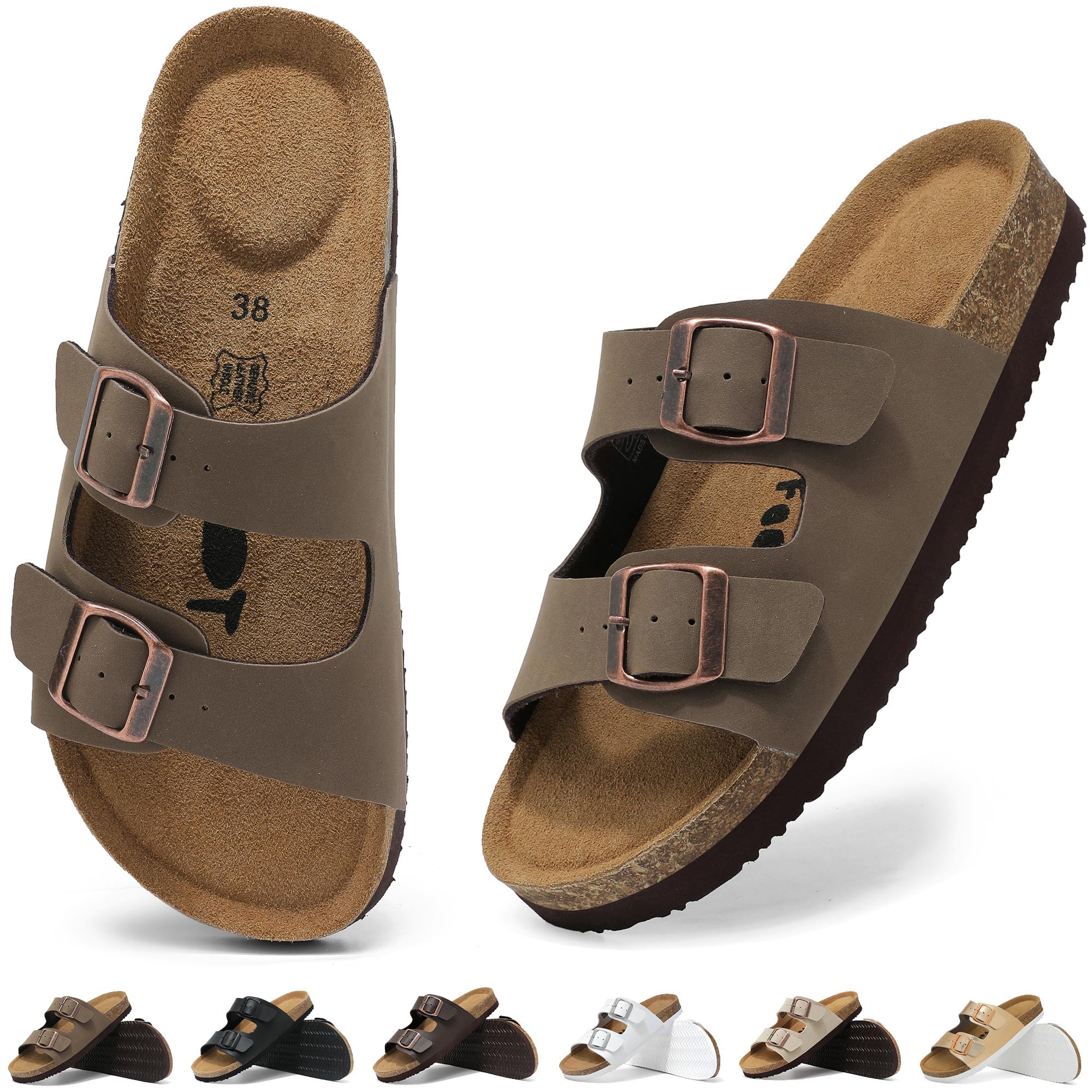Wizshoe Pantoletten Damen Korkfußbett Sandale Clogs Leder Slide Gr.36-42 | Schlupfsandalen Hausschuhe Sandalen Strand mit Verstellbarer Schnalle Frauen Latschen Memory-Schaum Bequem
