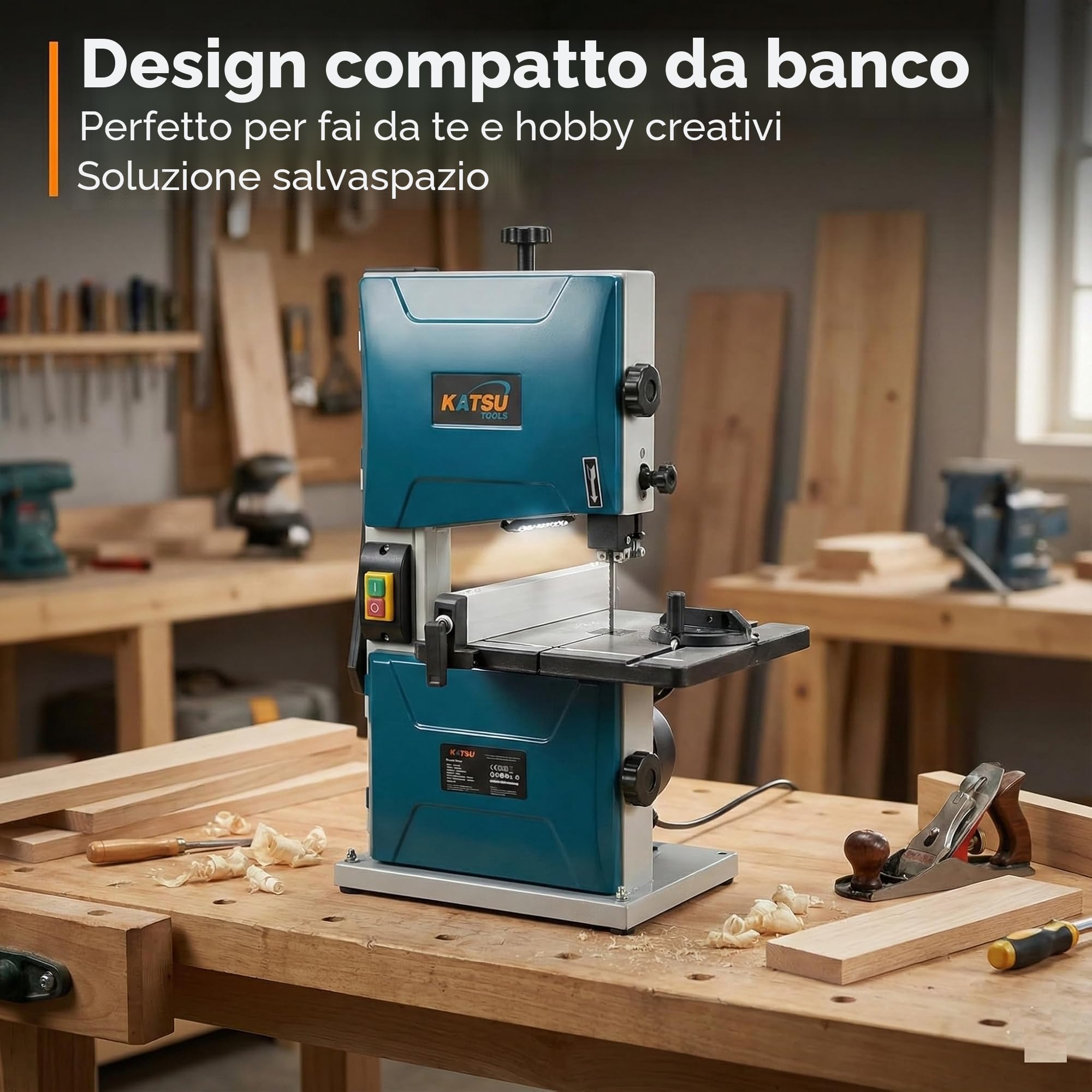 KATSU Tools Sega a nastro da banco 200 mm 350 W Sega a nastro elettrica per lavorazione del legno, tavolo da lavoro in metallo inclinabile a 45° per tagli obliqui, lama inclusa 100555