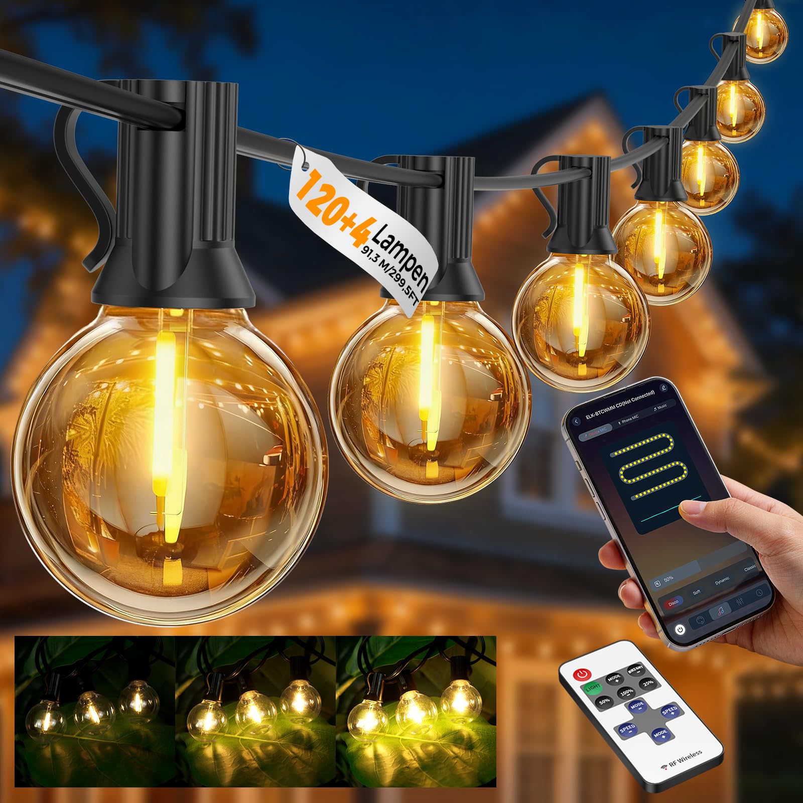 Lichterkette LED Außen Outdoor Strom 91,3 M/300 FT-120+4 G40 Glühbirnen | mit App & Fernbedienung (Doppelsteuerung), Dimmbar & Timer, Wetterfest, Aussen Lichterketten für Garten/Pavillon/Terrasse