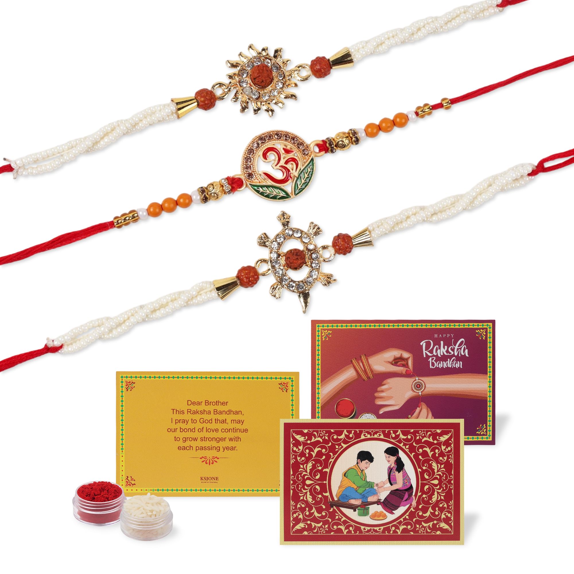 KSJONE Zestaw 3 rakhi dla brata z zestawem upominkowym, rakhi dla brata z kartką, Roli Chawal, Rakhi dla brata i Bhabhi, kosz rakhi dla brata, Raksha Bandhan Festival, Large, Stal nierdzewna