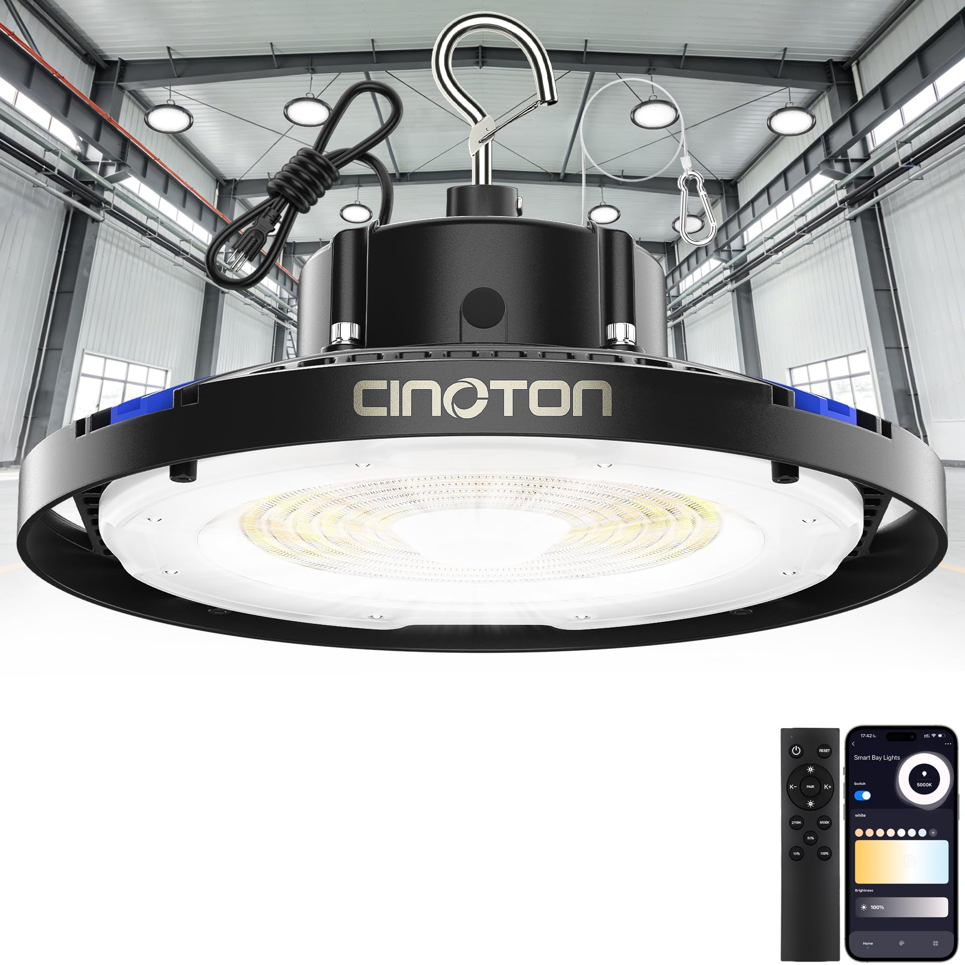 CINOTON Smart UFO LED High Bay Light 150W 21000lm 2700K-6500K 1-100 Brightness Stepless Dimm Aluminum Shop Lights ETL
