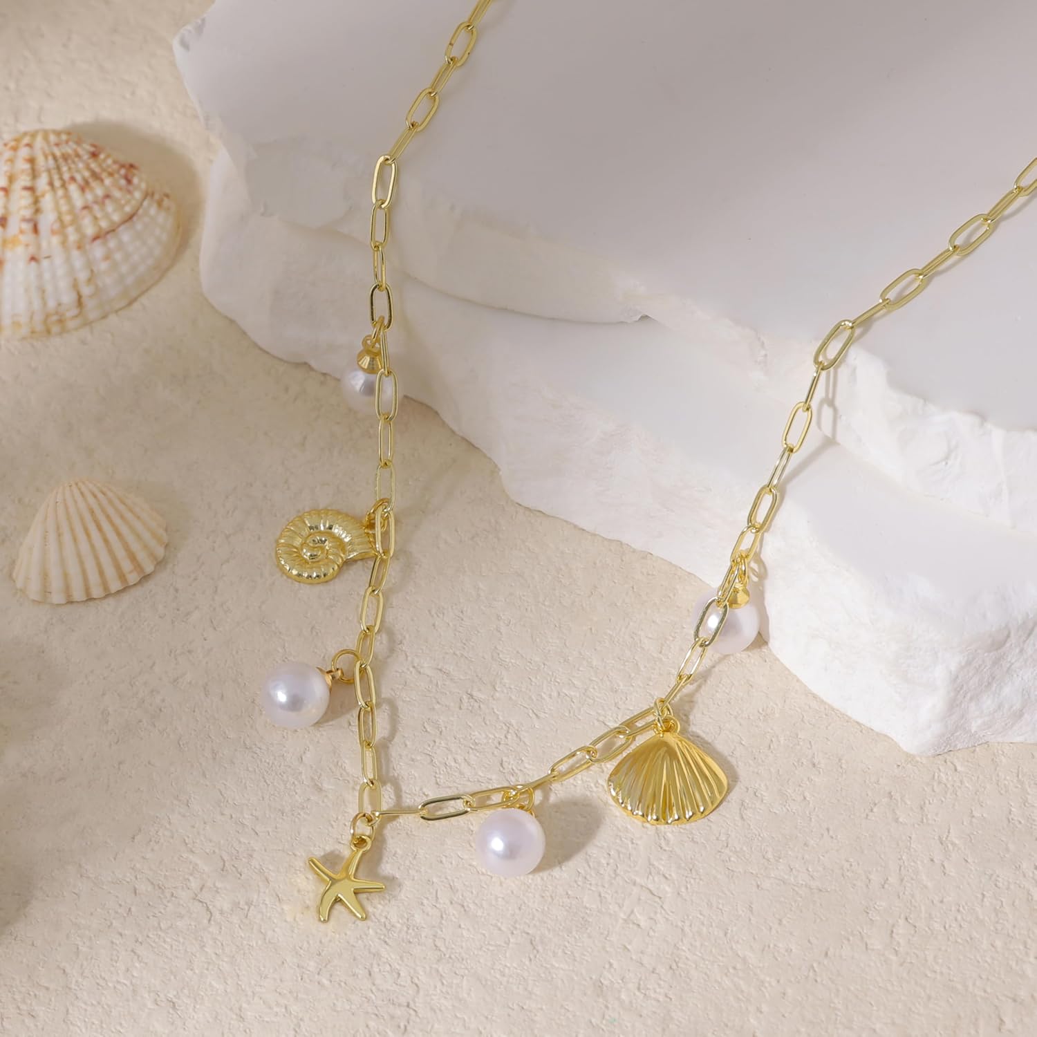 SELSHE Charm Necklace for Women,Dainty 14K Gold Plated Starfish Seashell Necklace Simple Gold Beach Necklaces for Women Trendy Beach Jewelry - Image 5