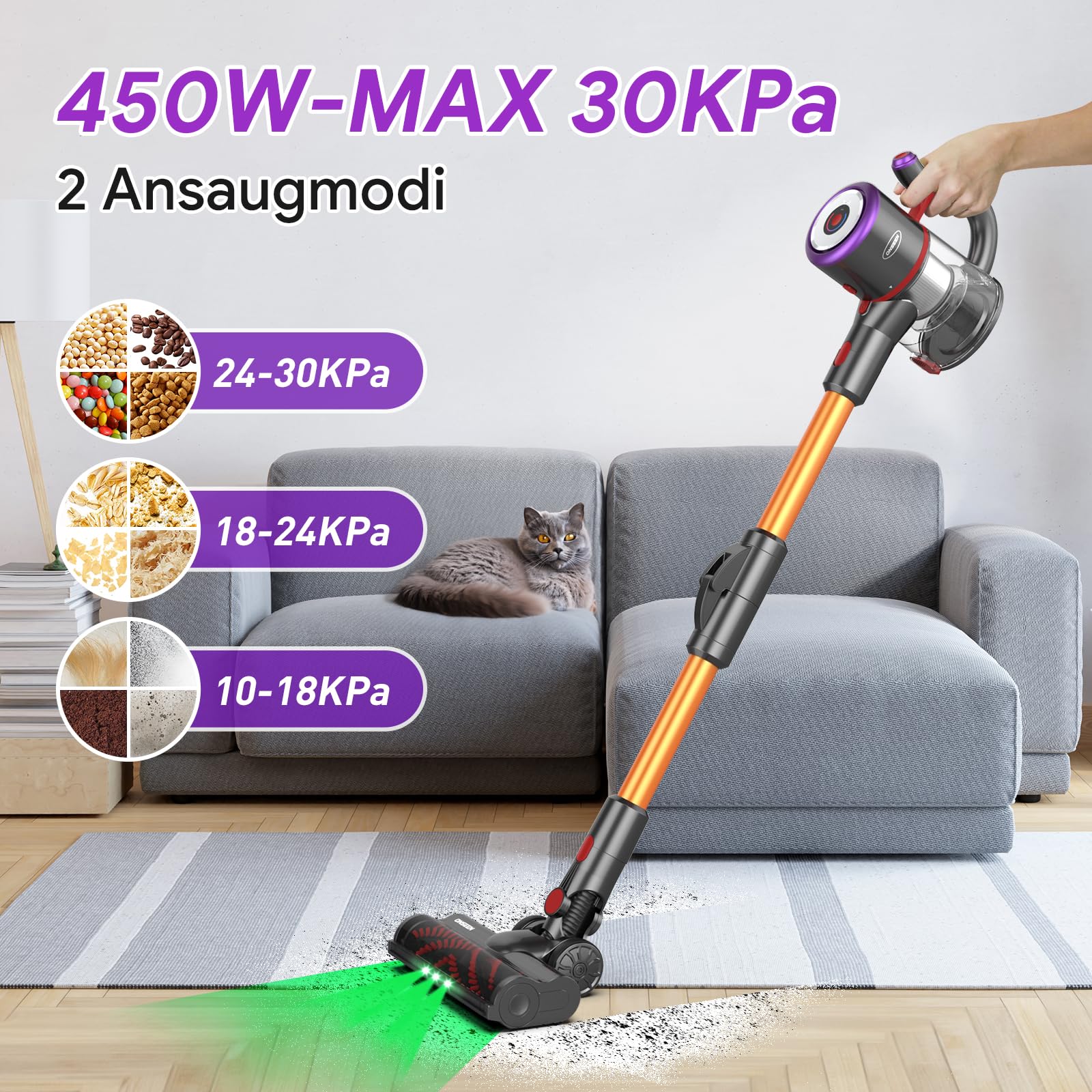 ONSEEN Aspirapolvere Senza Fili, 450W 30KPa Scopa Elettrica Senza Fili Potente, 7 in 1 Leggero Aspirapolvere Autonomia 50 Minuti, 180°Pieghevole Tubo, M81