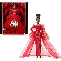 Barbie Signature 80° Anniversario Mattel, bambola castana da collezione in abito in tulle rosso scintillante con orecchini a goccia e guanti velati, giocattolo per bambini, 6+ anni, JBJ18