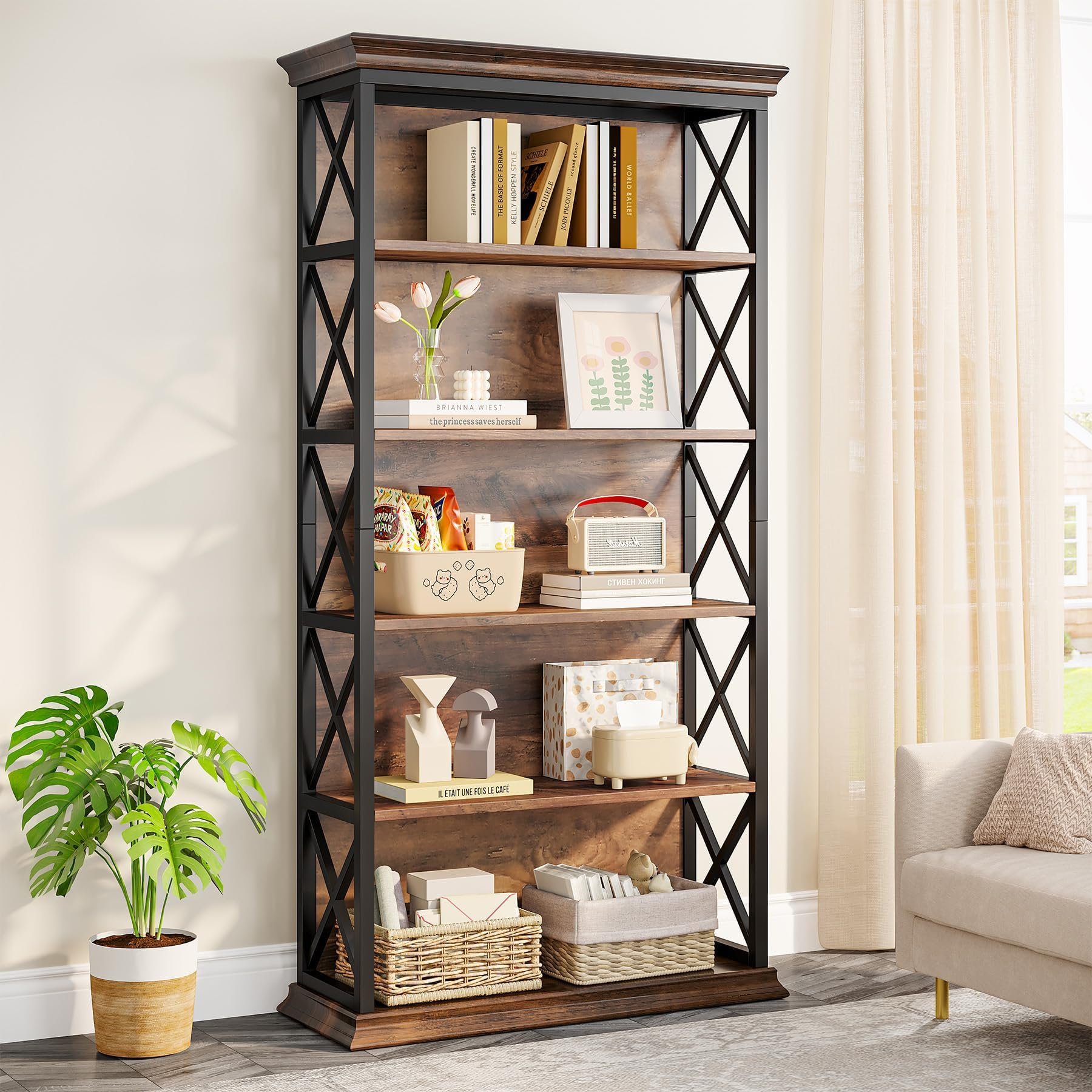 Tribesigns Librería estantería de pie de 180 cm de Altura, Madera de 6 Niveles, estantería Abierta con Estructura de Metal para salón, diseño Industrial, marrón Vintage