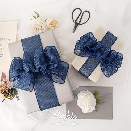 Vista 4 de Ribbli Cinta con alambre de arpillera azul marino, 2-1/2 pulgadas x 10 yardas continuas, cinta con borde con alambre para lazo grande, corona