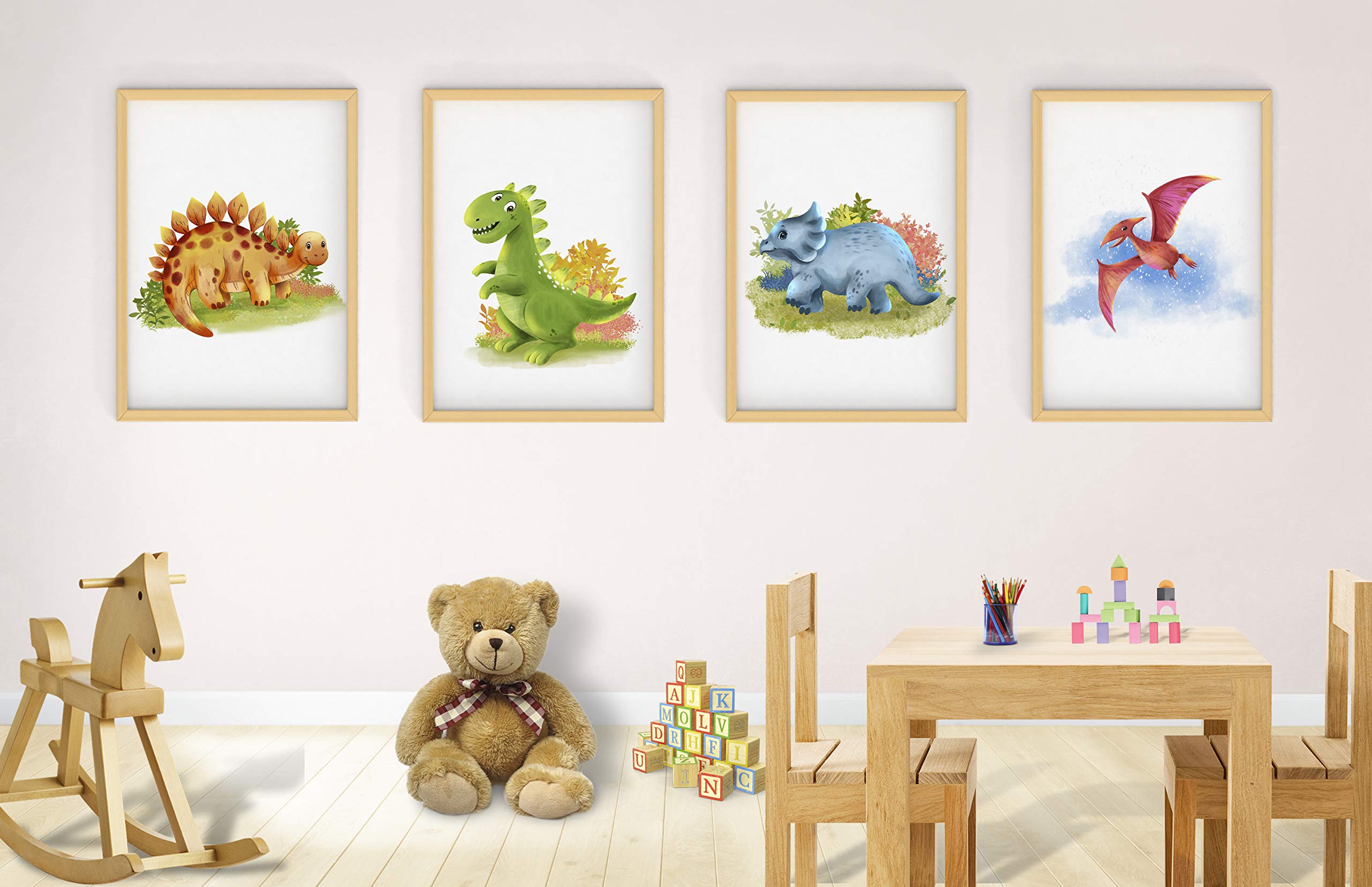 Set di 4 immagini dinosauri per cameretta dei bambini e cameretta dei bambini, poster DIN A4, animali T-Rex (senza cornice)