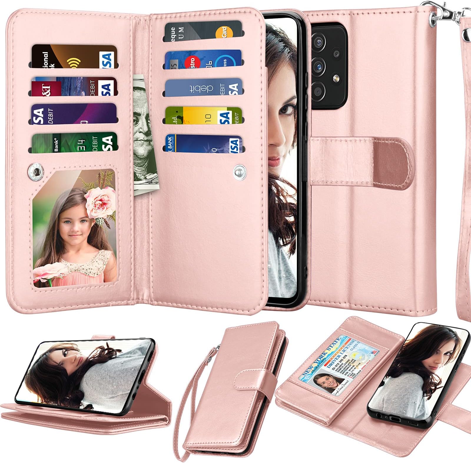 Wallet Case for Samsung Galaxy A52S 5G / Galaxy A52 5G / Galaxy A52 Case [9 Card Slots] PU Leather Credit Card Holder Folio Flip [Detachable] Kickstand Magnetic Phone Cover & Lanyard [Rosegold]
