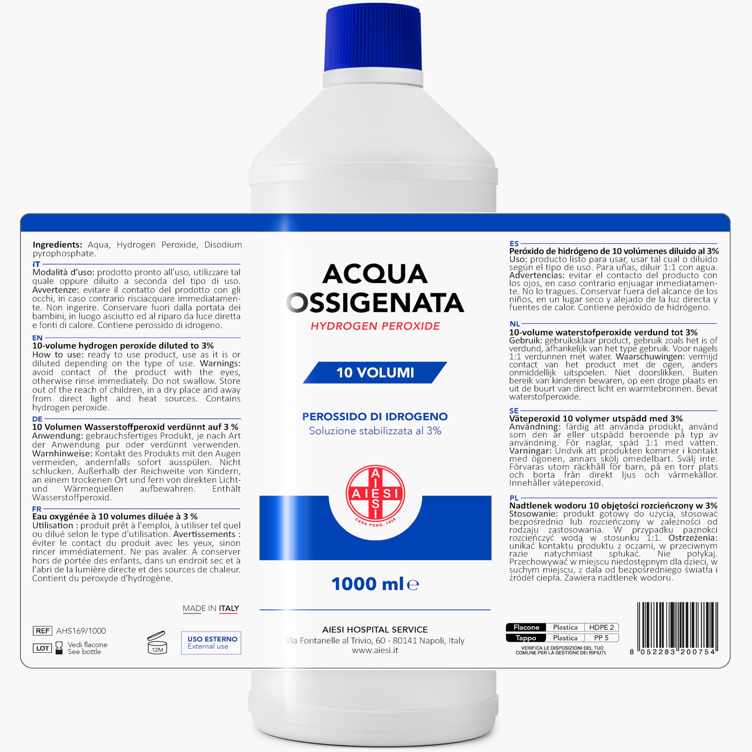 AIESI® Acqua Ossigenata F.U. disinfettante (1000 ml) con tappo di sicurezza per bambini, Made in Italy