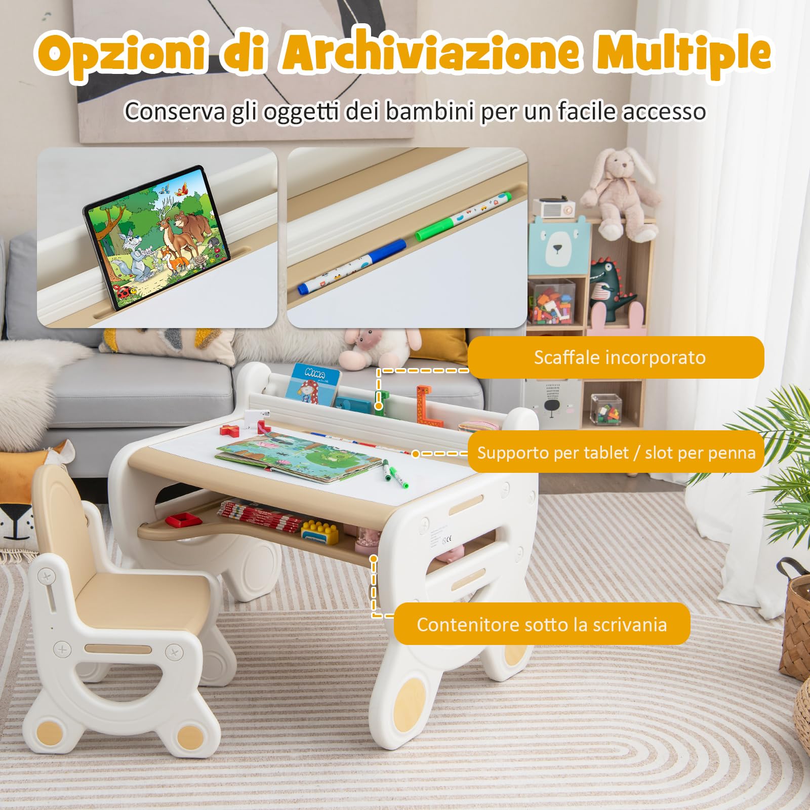 COSTWAY Set Tavolo e sedia per Bambini, Tavolo per Bambini con Sedia, Tavolo da Disegno Cancellabile e Ripiano, per Disegnare, Leggere, Giocare, Ideale per Bambini 3-8 Anni (Brown)