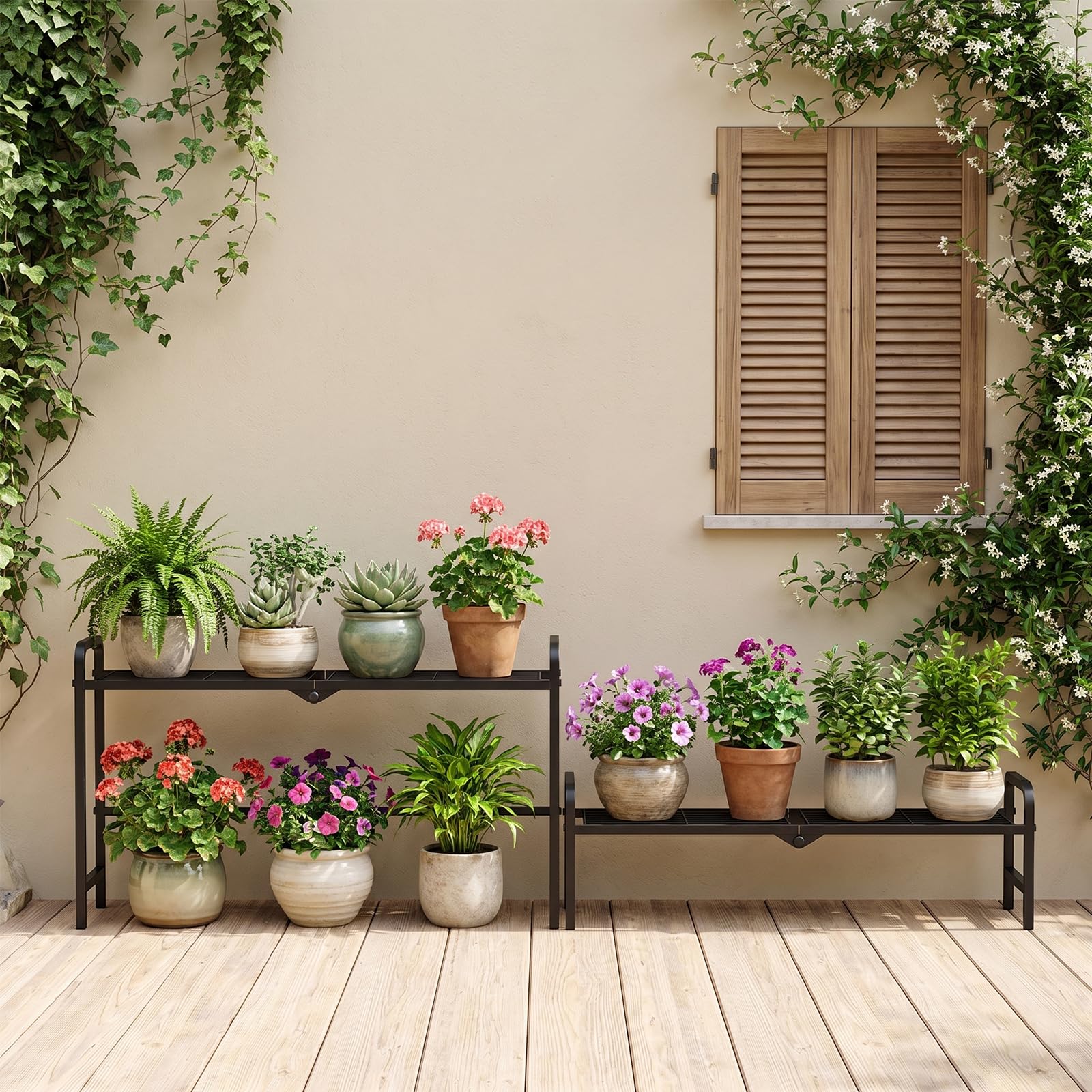 Support de plantes en métal convertible à 2 niveaux- Rangement empilable