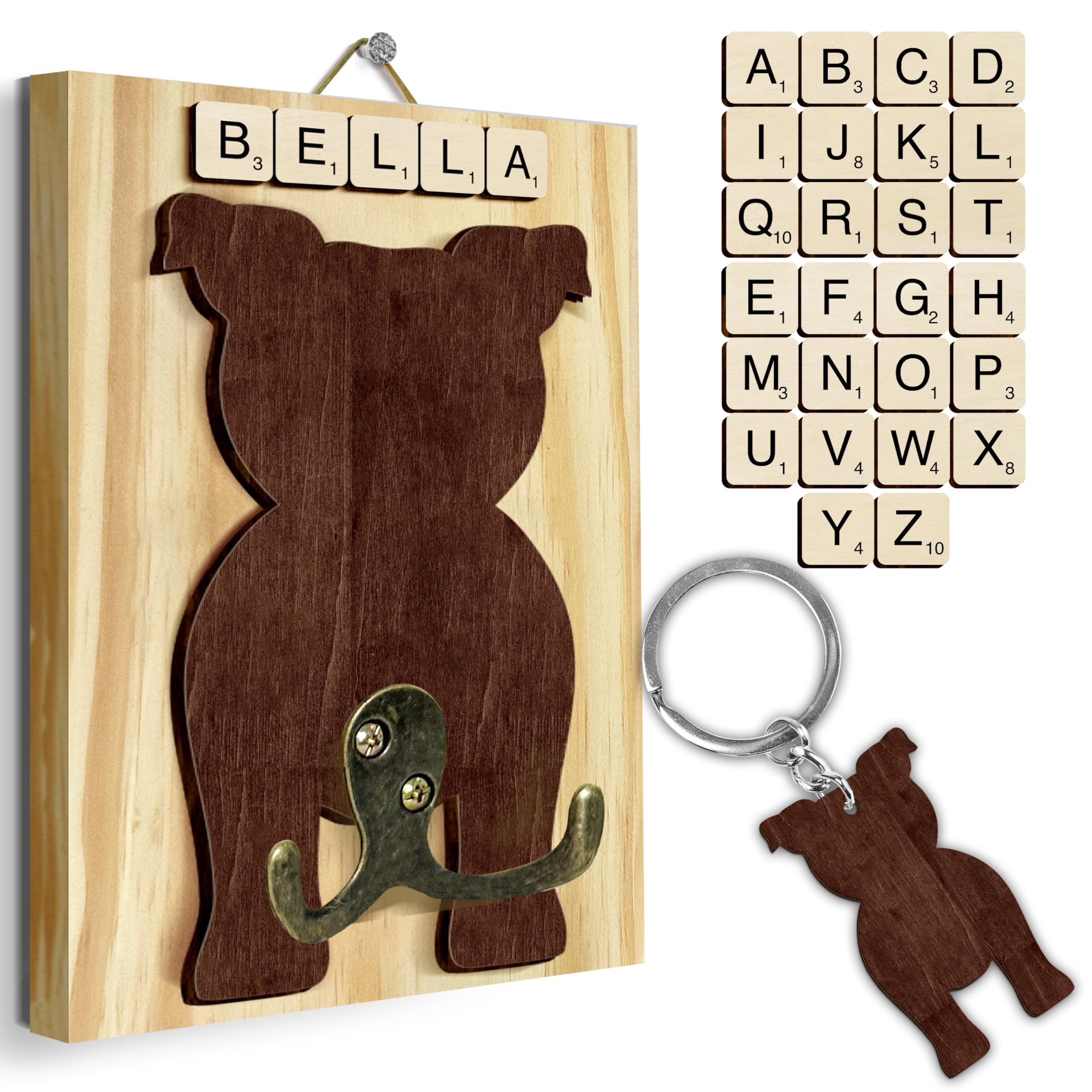 Pitbull Dog Leash Holder Wall Mount with Scrabble Letters, Wooden Dog Wall Hook Organizer, Pet Collar and Harness Hanger for Entryway, Key Hook Gift for Pet Lovers, Home Decoration PF297-55