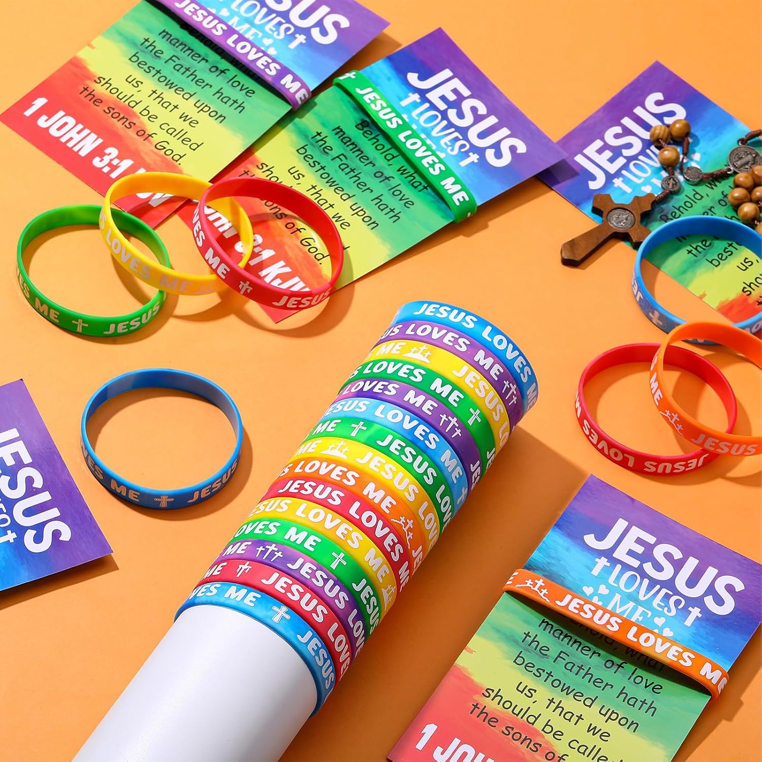 30 Sets/ 60 Pcs Jesus Loves Me Silicone Wristbands with Bible Verse Cards, Christian Religious Party Favors Gifts Rainbow VBS Rubber Bracelets Wristbands for Easter Sunday School Church Group - Image 6
