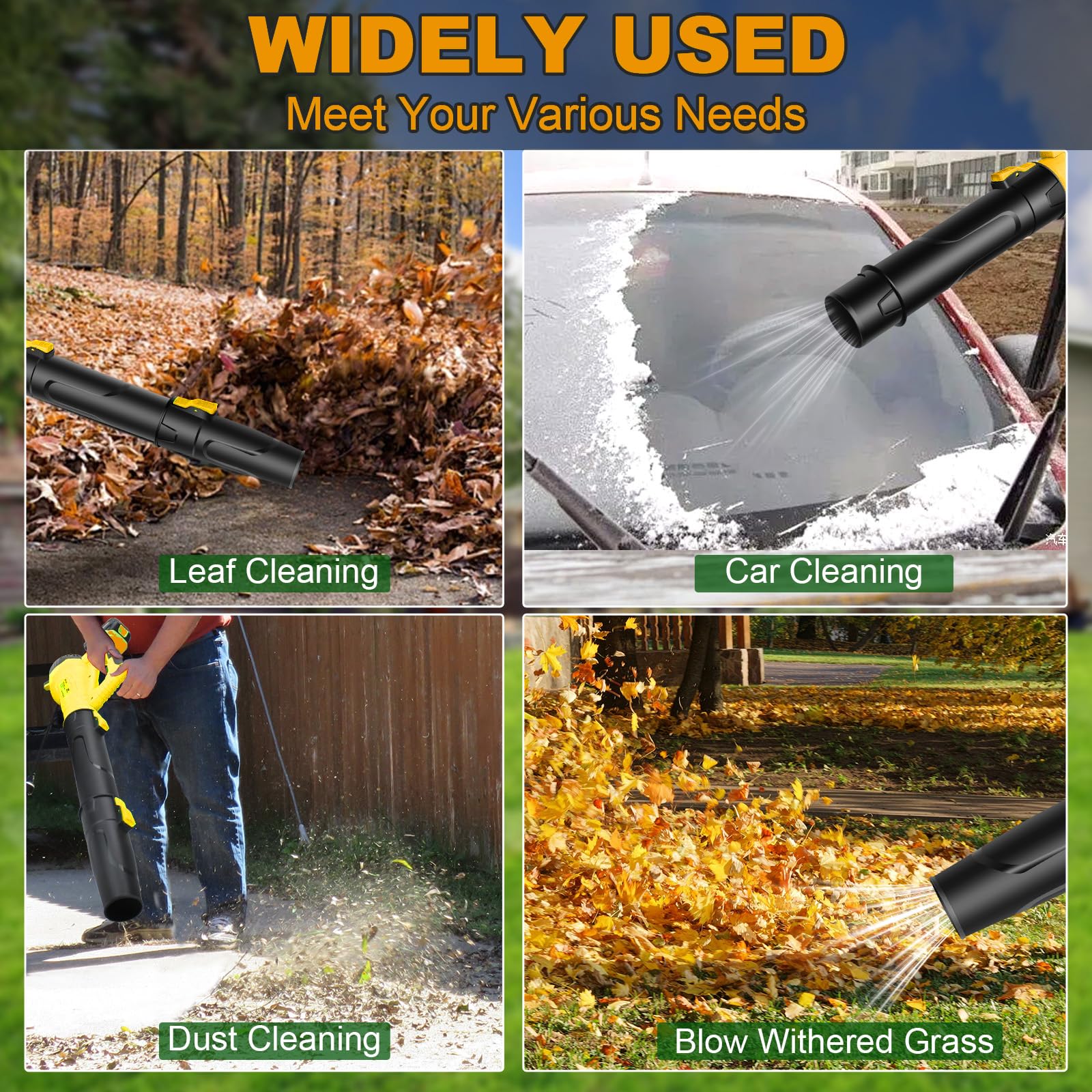 Soplador de hojas inalámbrico con 2 baterías y cargador rápido, modo de 6 velocidades, soplador de jardín para césped, jardines, patio, cubierta, nieve, limpieza de hojas, velocidad variable (amarillo