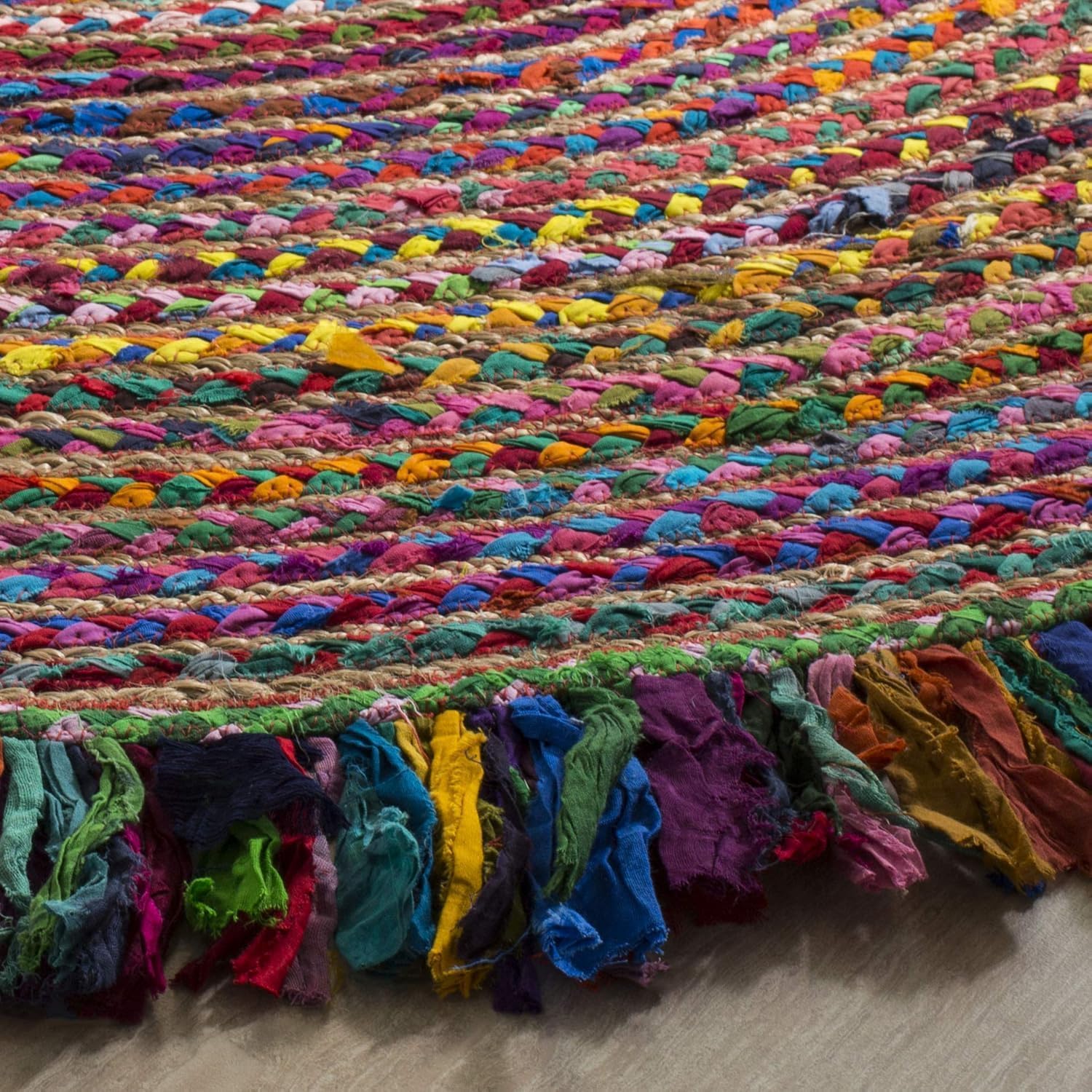 Ręcznie tkany pleciony dywan z juty, ekologiczny wzór z mieszanki bawełny Chindi z frędzlami z juty, zrównoważony dywan boho do salonu, sypialni, przedpokoju, wielokolorowy, okrągły, 60 x 60 cm