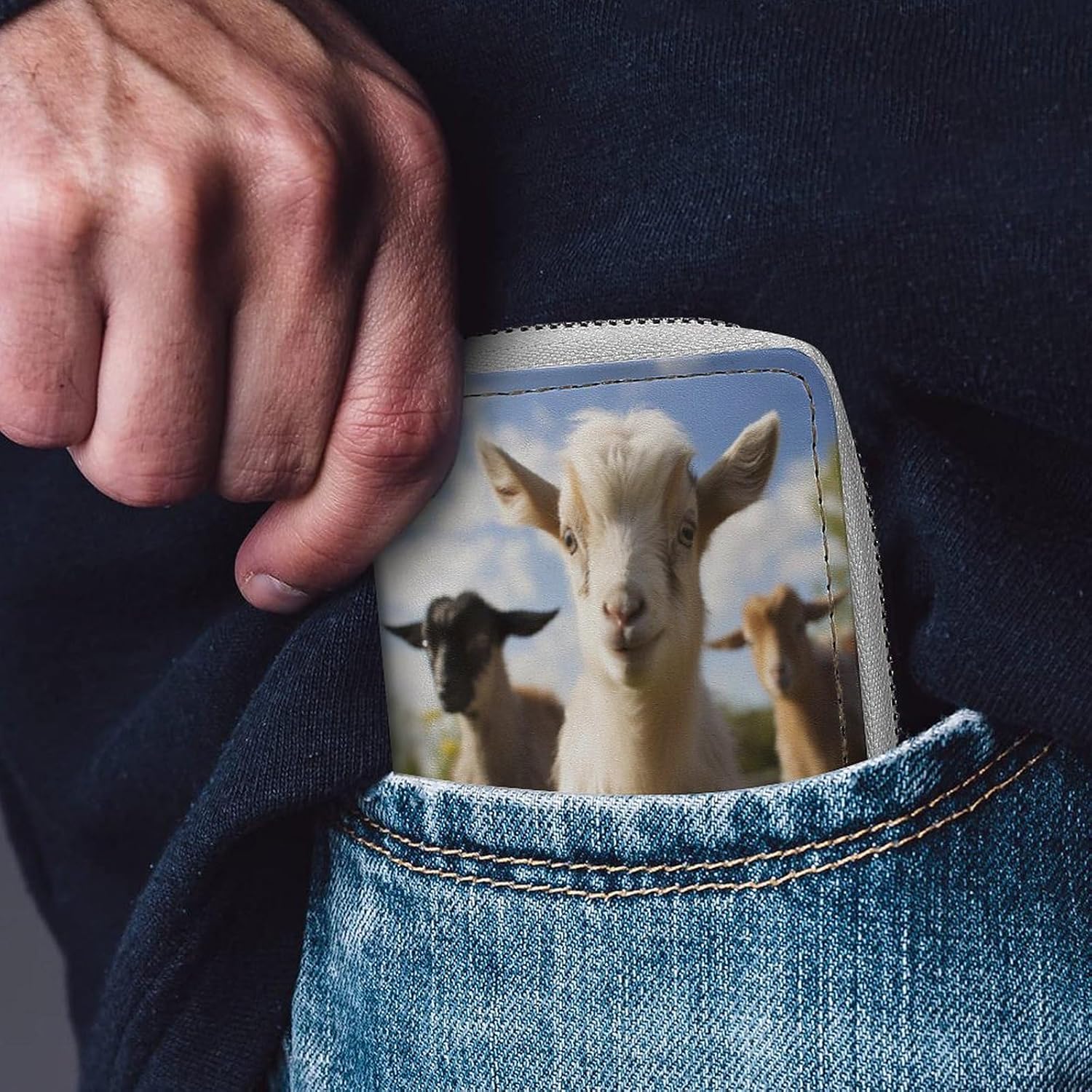 Leather Card Organizer Case Card Wallet Credit Card Holder Cute Goat Printed Zipper Card Cases Holder for Women Men