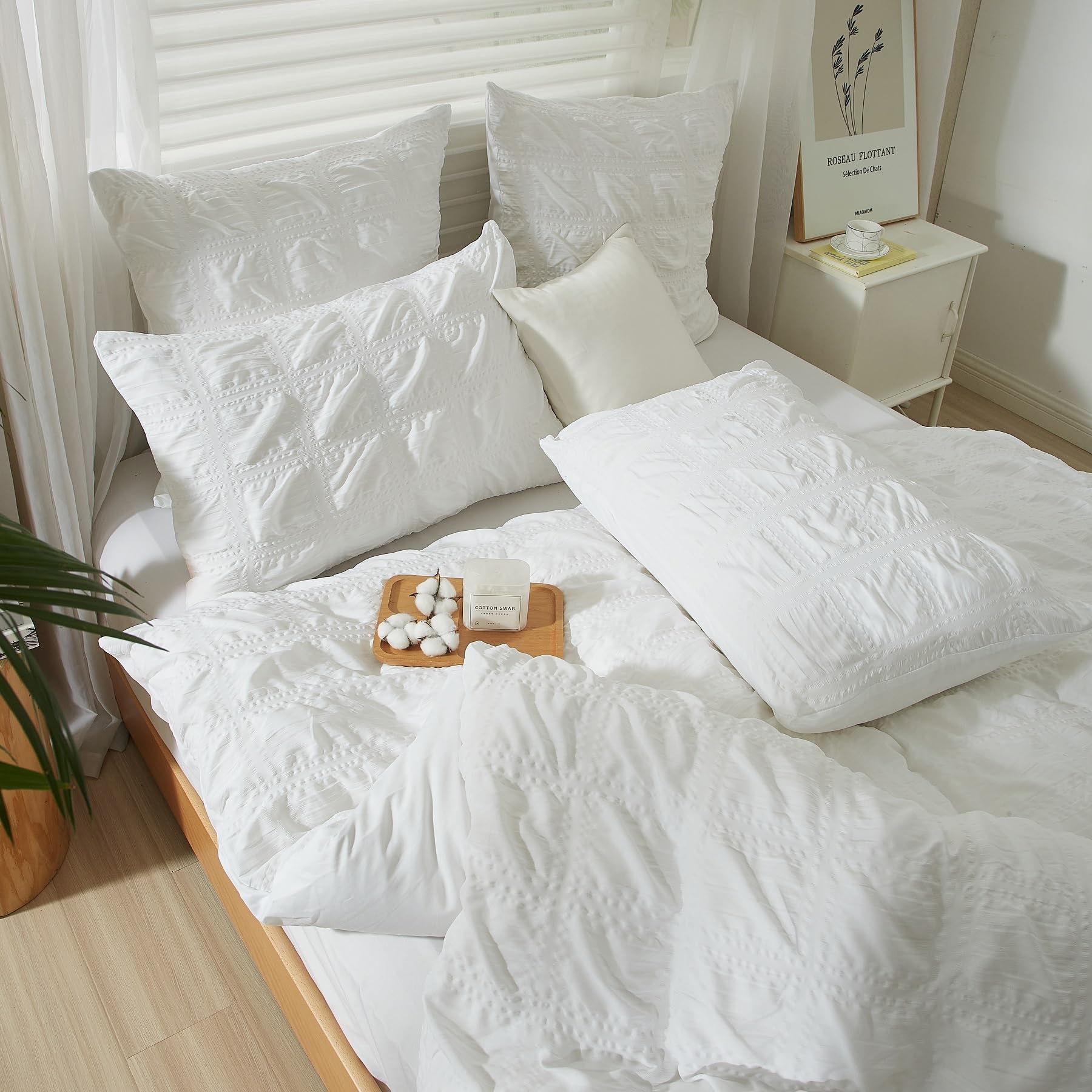 Ropa de cama a cuadros moderna en blanco, juego de 3 piezas tamaño Queen con cremallera, 2 fundas de almohada de 80 x 80 cm, microfibra, seersucker, transpirable, 1 unidad