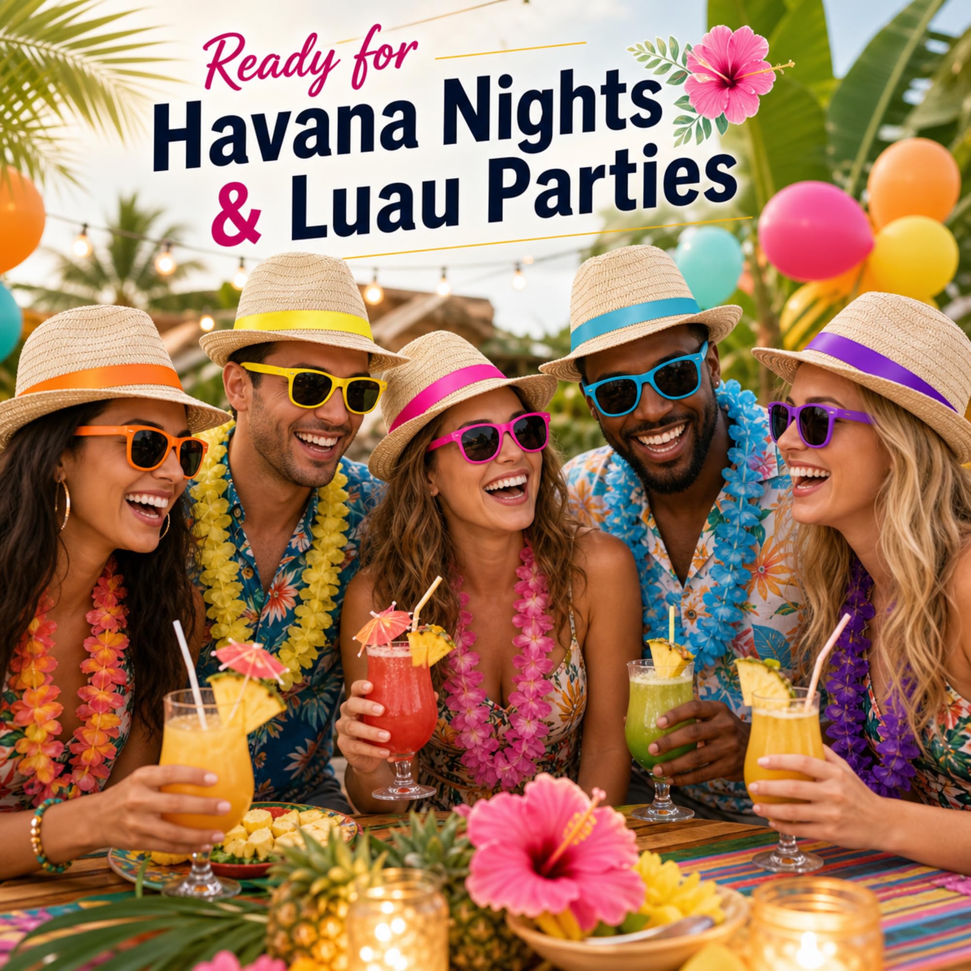 Newcotte Strohhüte mit Sonnenbrille, Fedora-Partyhüte für hawaiianische Luau-Zubehör, kubanische Sommergeschenke, Rot, Orange, Gelb, Grün, Blau, Violett, One Size