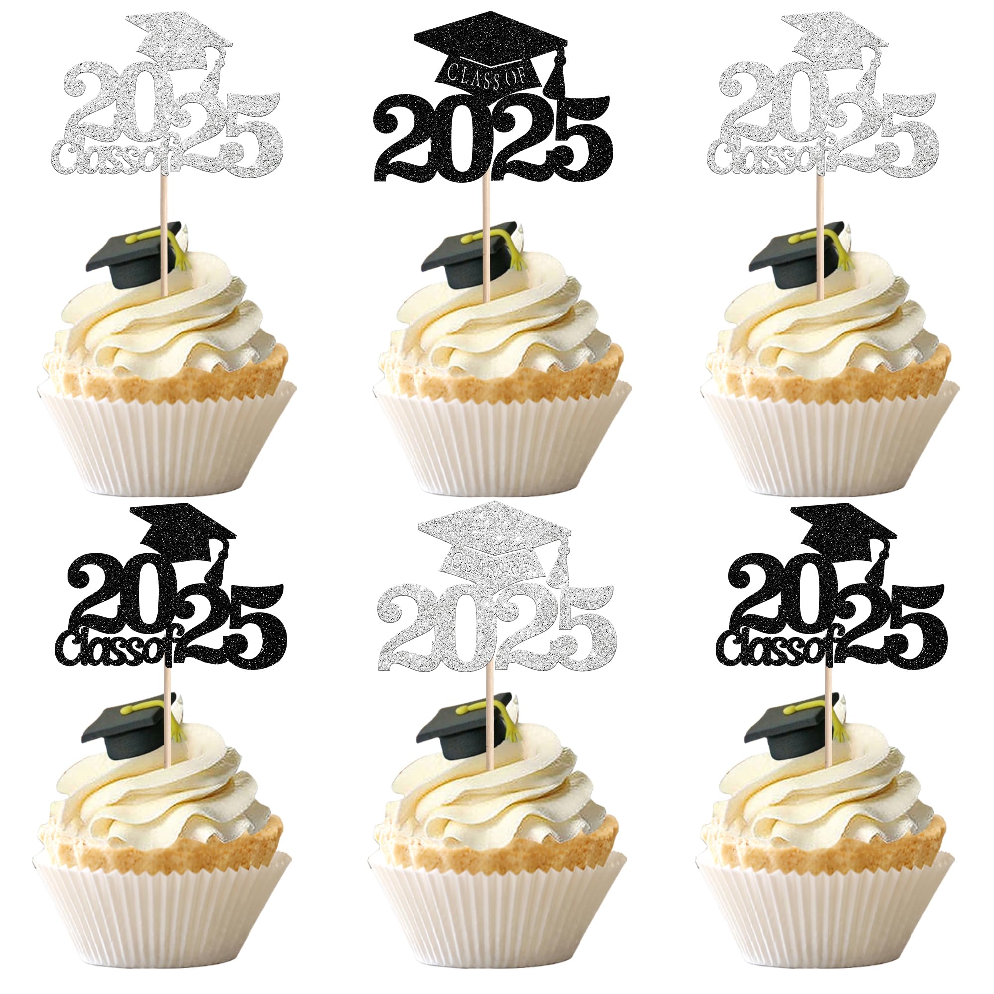 Rsstarxi 24 Pack Class of 2025 Graduation Cap Cupcake Toppers Glitter Class of 2025 Grad Cap Cupcake Picks Decorations for 2025 Graduation Theme Party