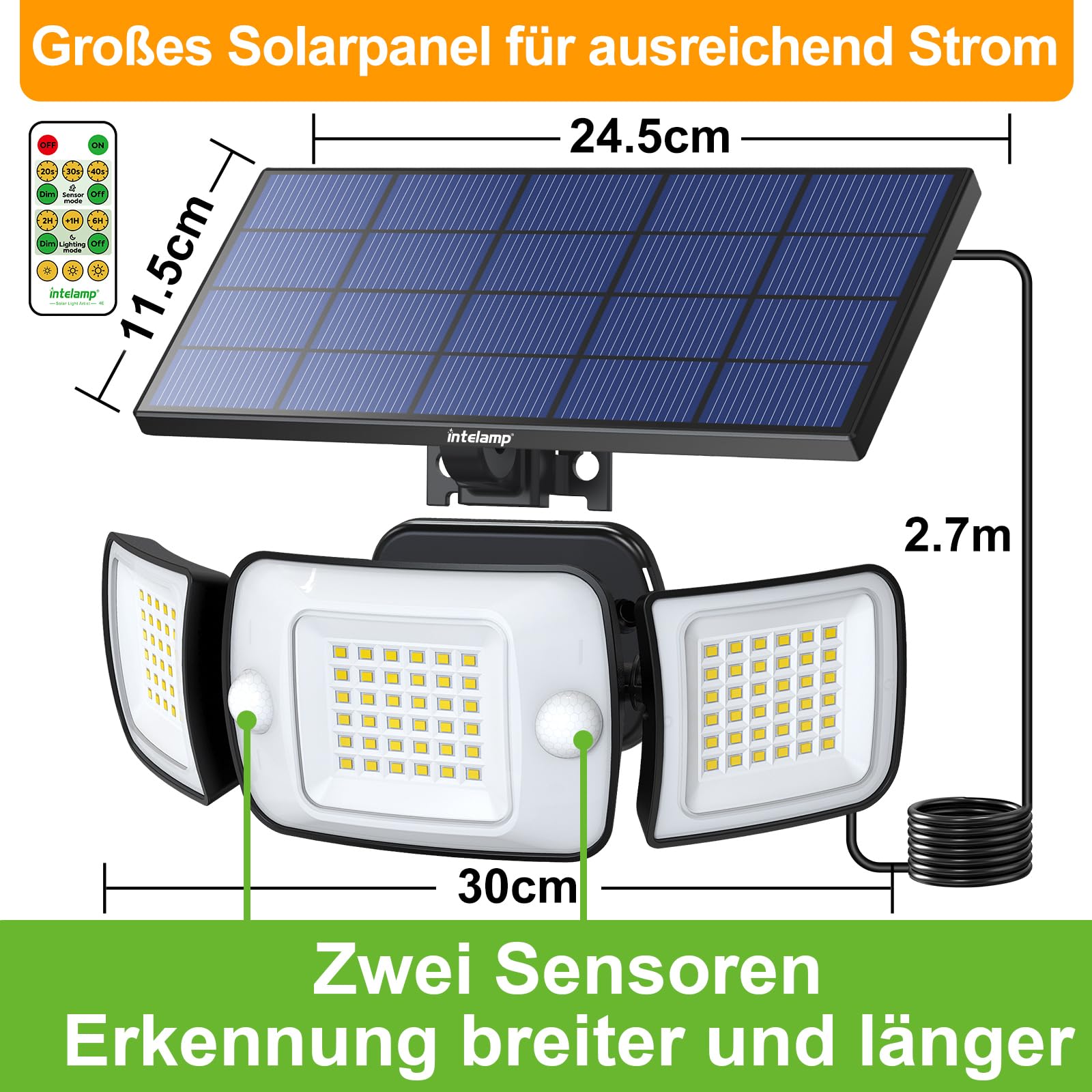 INTELAMP Solar Strahler mit Bewegungsmelder, 6000mAh 1200LM Außenleuchte, 4 Modi 270° Weitwinkel, 108 LED IP65 Wandleuchte für Garage
