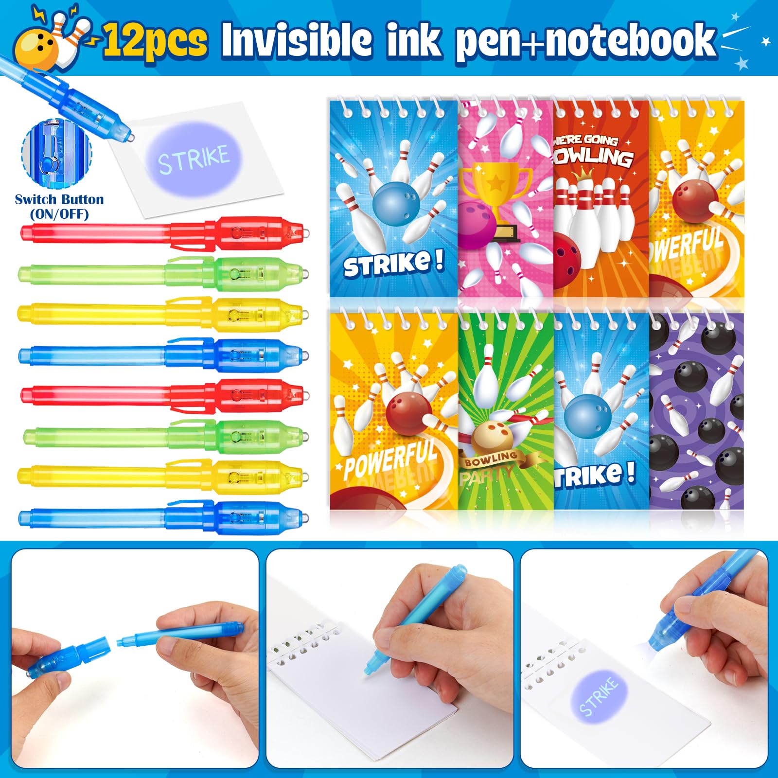 Toyssa 90 Stück Bowling Party Mitgebsel Kindergeburtstag mit UV Stift & Notizbuch Geschenktüten LED-Schlüsselanhänger Silikonarmband, Bowling Pinata Give Aways Gastgeschenk Kindergeburtstag Kinder